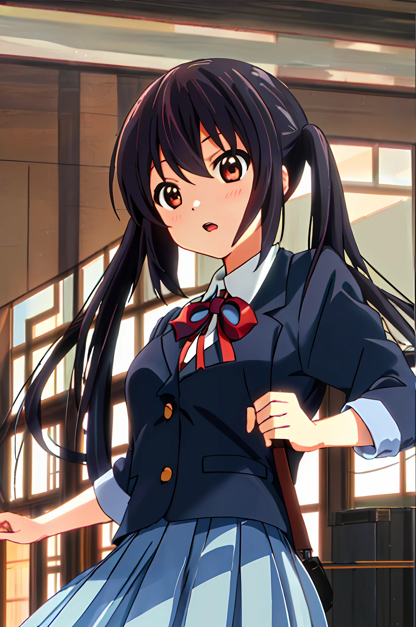 1girl, ((((Masterpiece))), Best Quality, Best Quality, High Detail, Azusa Nakano, 1girl, Sakuragaoka High School Uniform, Musical Instrument, School Uniform, Twin Tails, Long Hair, Black Hair, Brown Eyes, Solo, Red, Dark blue blazer with a thin ribbon of red, Solid white button shirt under blazer, Illustration, Cartoon, Soothing tones, Muted colors, Soft cinematic light, Adobe Lightroom, Photo Lab, HDR, complex and highly detailed, (((depth of field))))). (((Masterpiece))). (((highest quality))).) ((super detail))). Fighting stance.clench your fists.night.