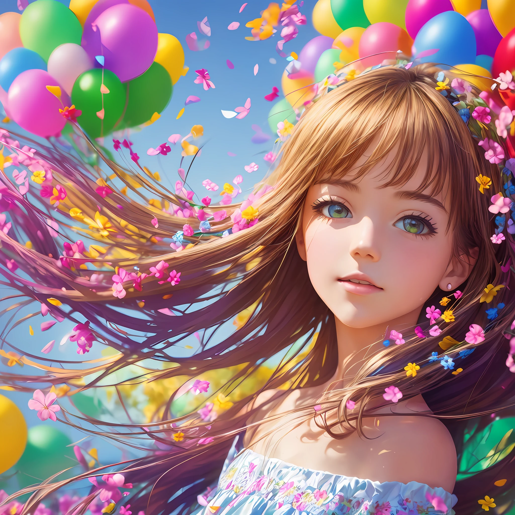 A girl holding flowers, colorful balloons floating in the sky, meadow, dancing, holding flowers, happy, happy, perfect quality, clear focus (clutter-home: 0.8), (masterpiece: 1.2) (Realistic: 1.2) (Bokeh) (Best quality) (Detailed skin: 1.3) (Intricate details) (8K) (Detail Eyes) (Sharp Focus), (Happy) --auto --s2