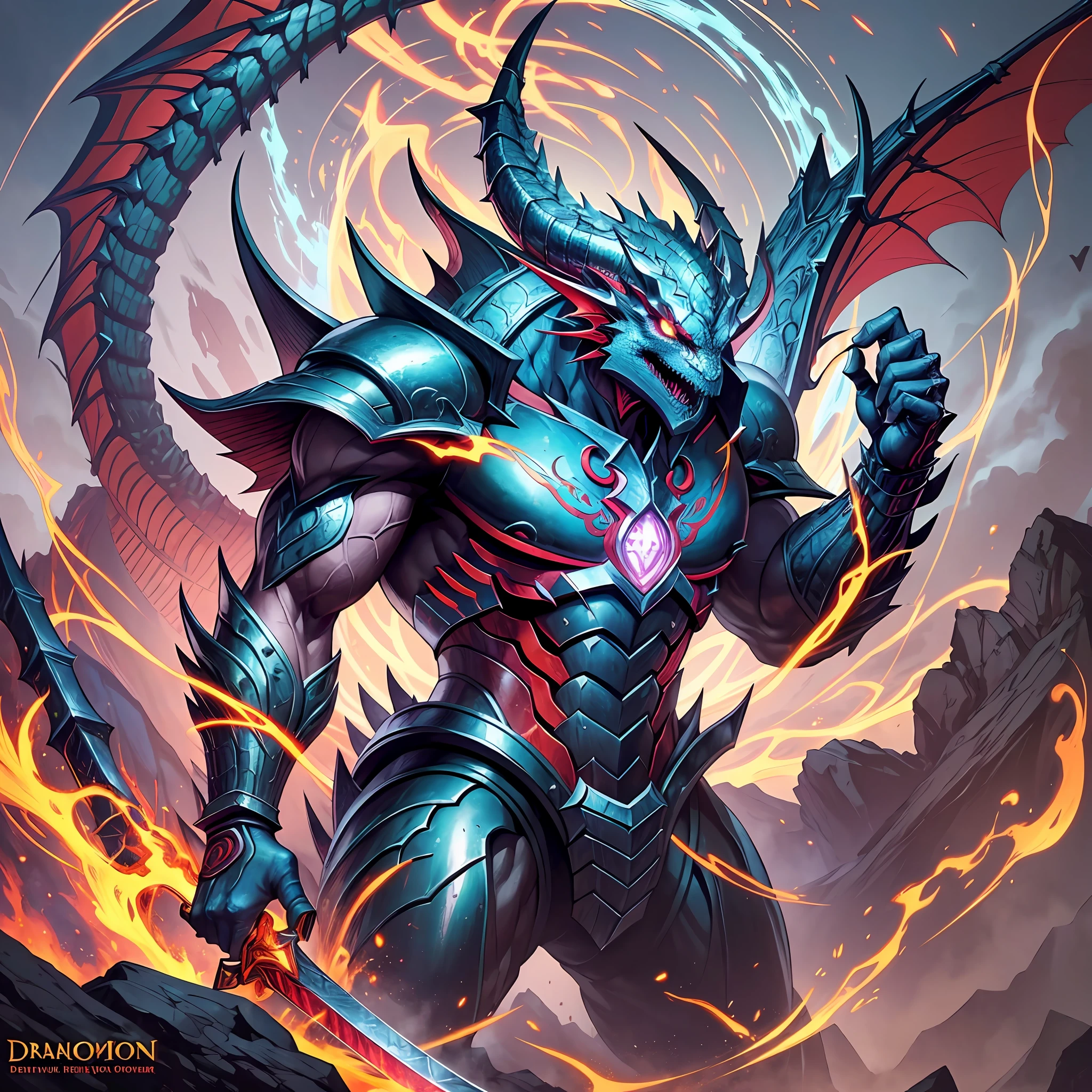 Close up of dragon with sword in hand, gorgeous supreme demon king, full art, high definition official artwork, plant dragon cyborg, magnificent complex Orobolos, kitava, kitava insatiable hunger, colorful muscle eldrich, 1/100 occlusion speed