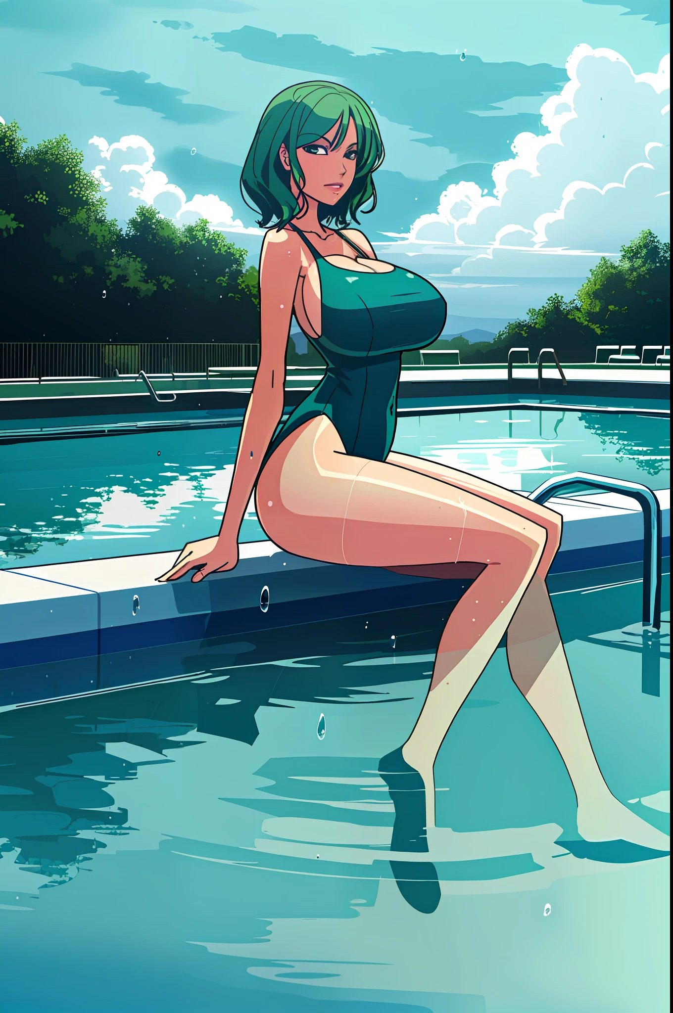 balsamique, masterpiece, best quality, 1girl, breasts, solo, poolside, dark green hair, large breasts, one piece swimsuit, legs in water, ripples, huge ass, splashing, pool, noon, clouds, raining, thunder, floaties, sitting on edge of pool,  raindrops, overcast