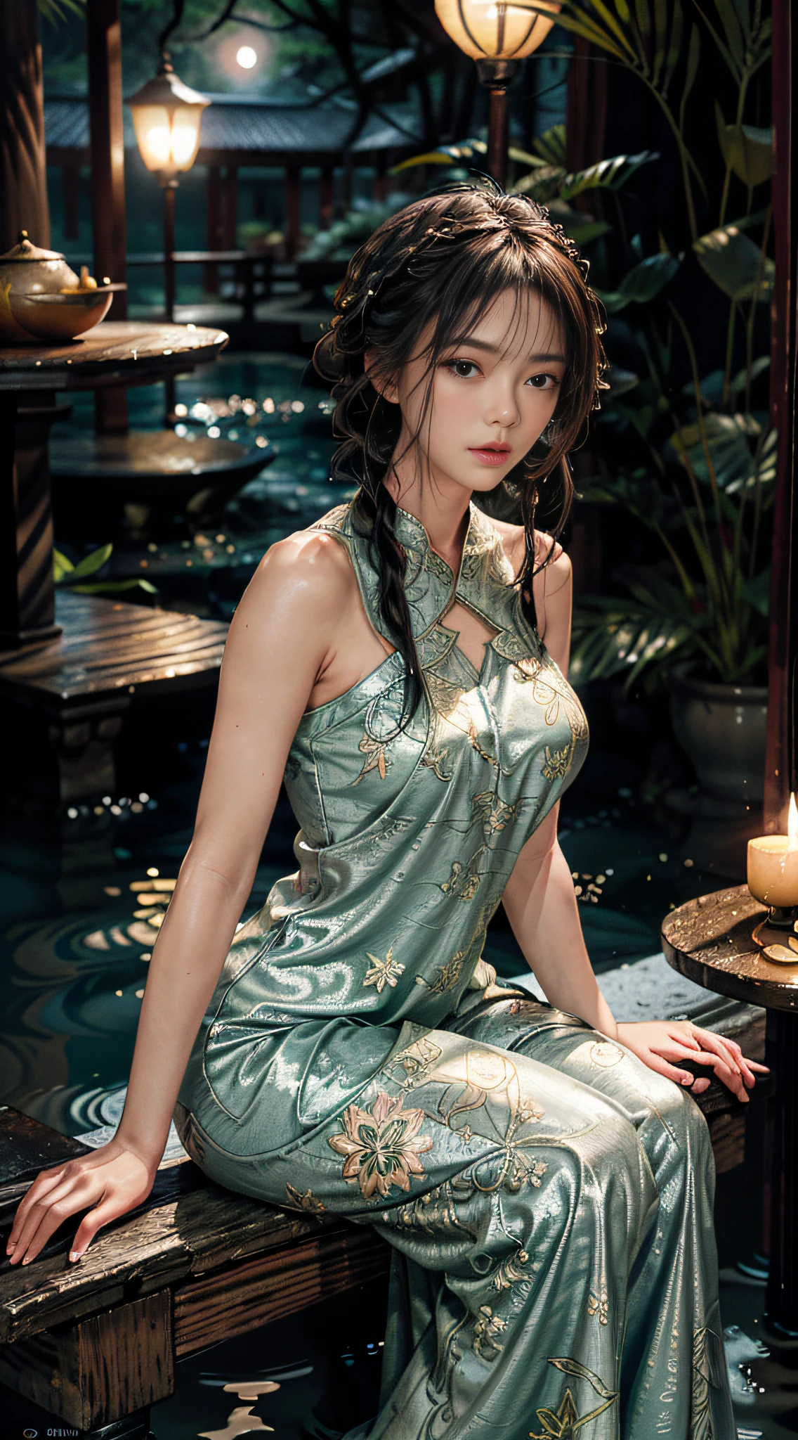 Sitting by a circular lake, feet playing in the water, the art depicts a charming woman with a melon face, dressed in a flowing, silky traditional oriental dress, lilac, decorated with intricate patterns and bright colors. Her dress drapes elegantly over her curvy figure, accentuating her seductive silhouette. She sits gracefully by the tranquil lotus lake, her feet playing in the water, bathed in the soft glow of the moonlight. The scene exudes an ethereal and dreamy atmosphere, with a touch of mystery and sexiness. The graphic style blends watercolor and digital illustration techniques to evoke a refined beauty and charm. The lights are filled with soft moonlight, casting soft highlights and shadows on her charming features. Open thighs, long lace trousers, large breasts, three-dimensional facial features, sitting, upturned legs, side braids