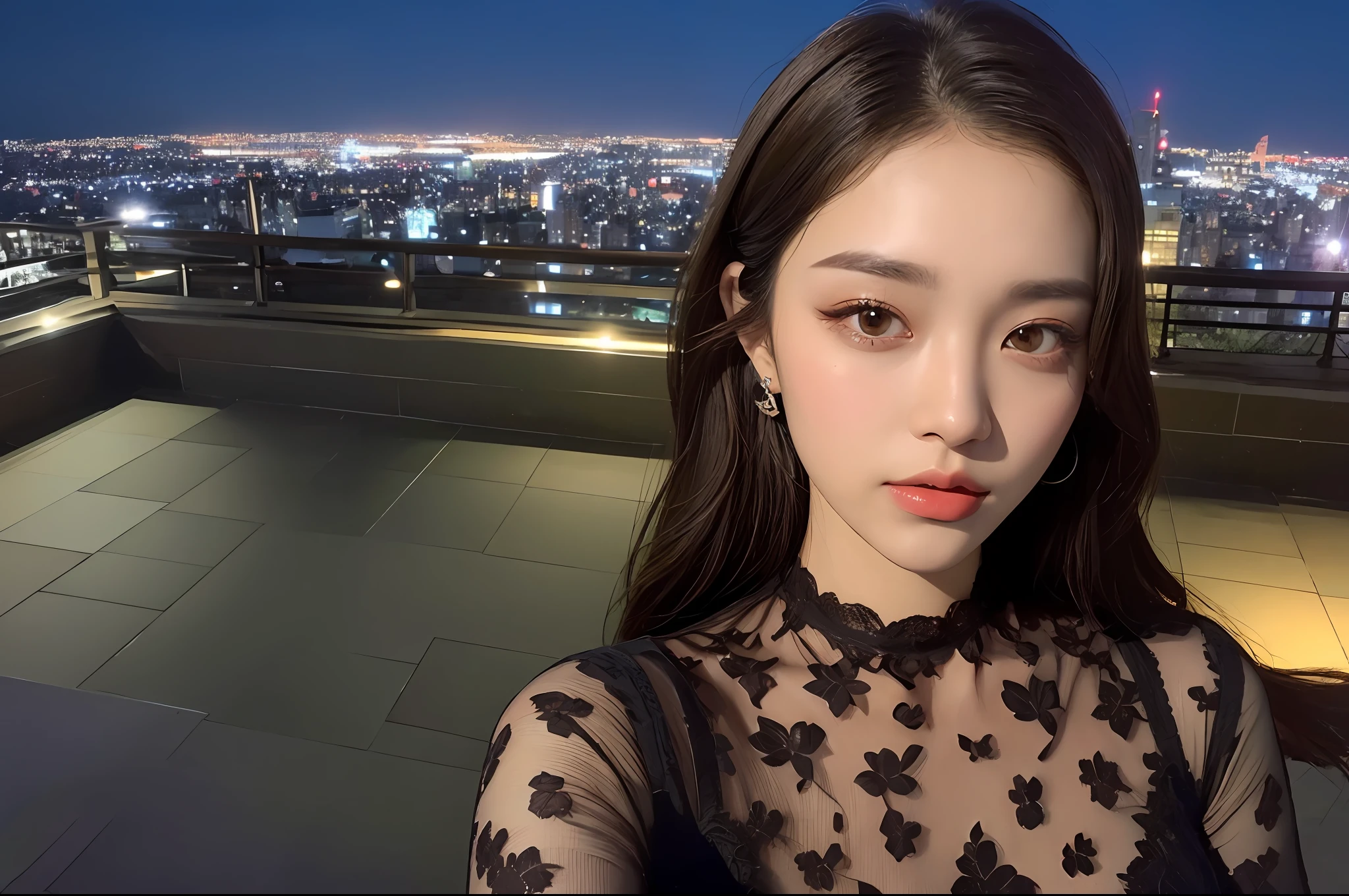 ((, Excellent, 8k, Masterpiece: 1.3)), 1 woman, full body, long legs, focal length: 1.2, perfect body beauty: 1.4, slim abs: 1.1, ((dark brown hair, big breasts: 1.2 )), (beautiful dress, petal pattern, standing: 1.2), ((city night view, roof: 1.3)), highly detailed face and skin texture, detailed eyes, double eyelids