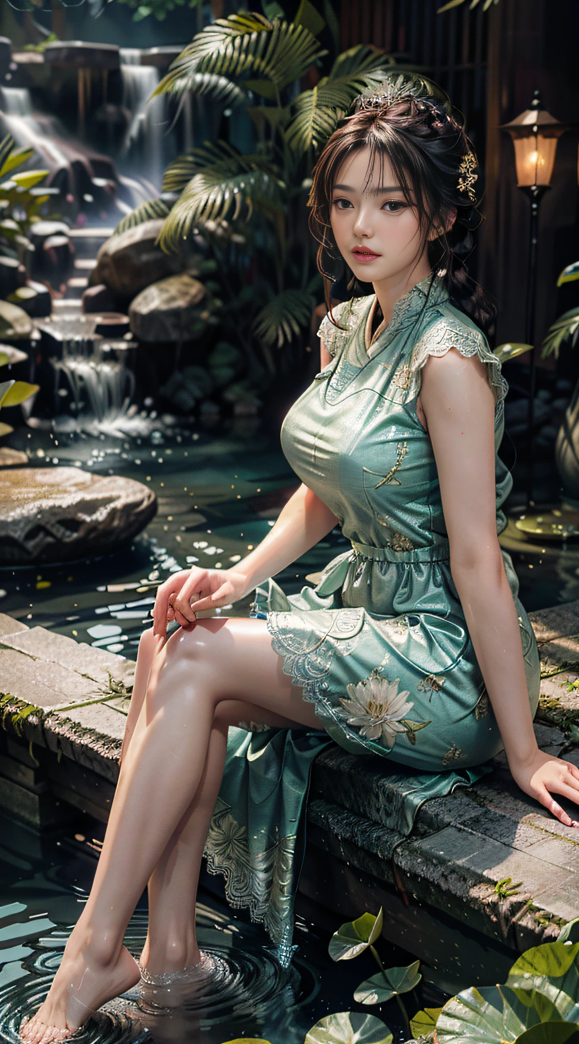 Sitting by a circular lake, feet playing in the water, the art depicts a charming woman with a melon face, dressed in a flowing, silky traditional oriental dress, lilac, decorated with intricate patterns and bright colors. Her dress drapes elegantly over her curvy figure, accentuating her seductive silhouette. She sits gracefully by the tranquil lotus lake, her feet playing in the water, bathed in the soft glow of the moonlight. The scene exudes an ethereal and dreamy atmosphere, with a touch of mystery and sexiness. The graphic style blends watercolor and digital illustration techniques to evoke a refined beauty and charm. The lights are filled with soft moonlight, casting soft highlights and shadows on her charming features. Open thighs, long lace trousers, large breasts, three-dimensional facial features, sitting, upturned legs, side braids