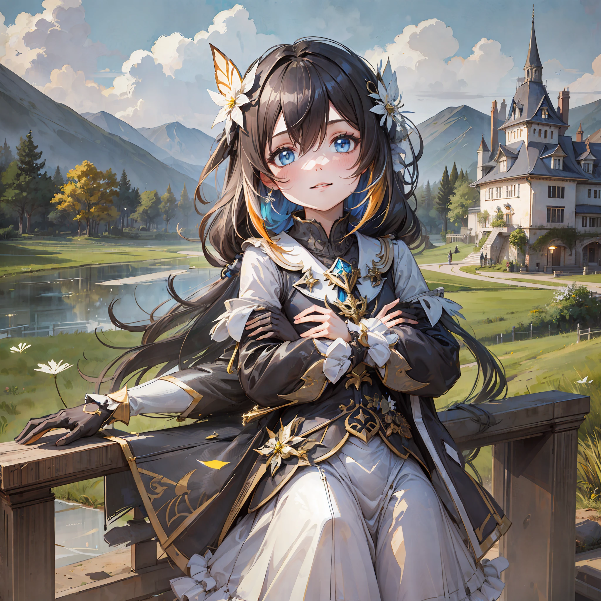 masterpiece, best quality, 1girl, solo, klee \(genshin impact\), looking at viewer, smile, (spread arms:0.8),  female, parted lips, hair ornament, bangs, detailed background, outdoor, sky, dandelion, butterflies, castle on lake, --auto --s2