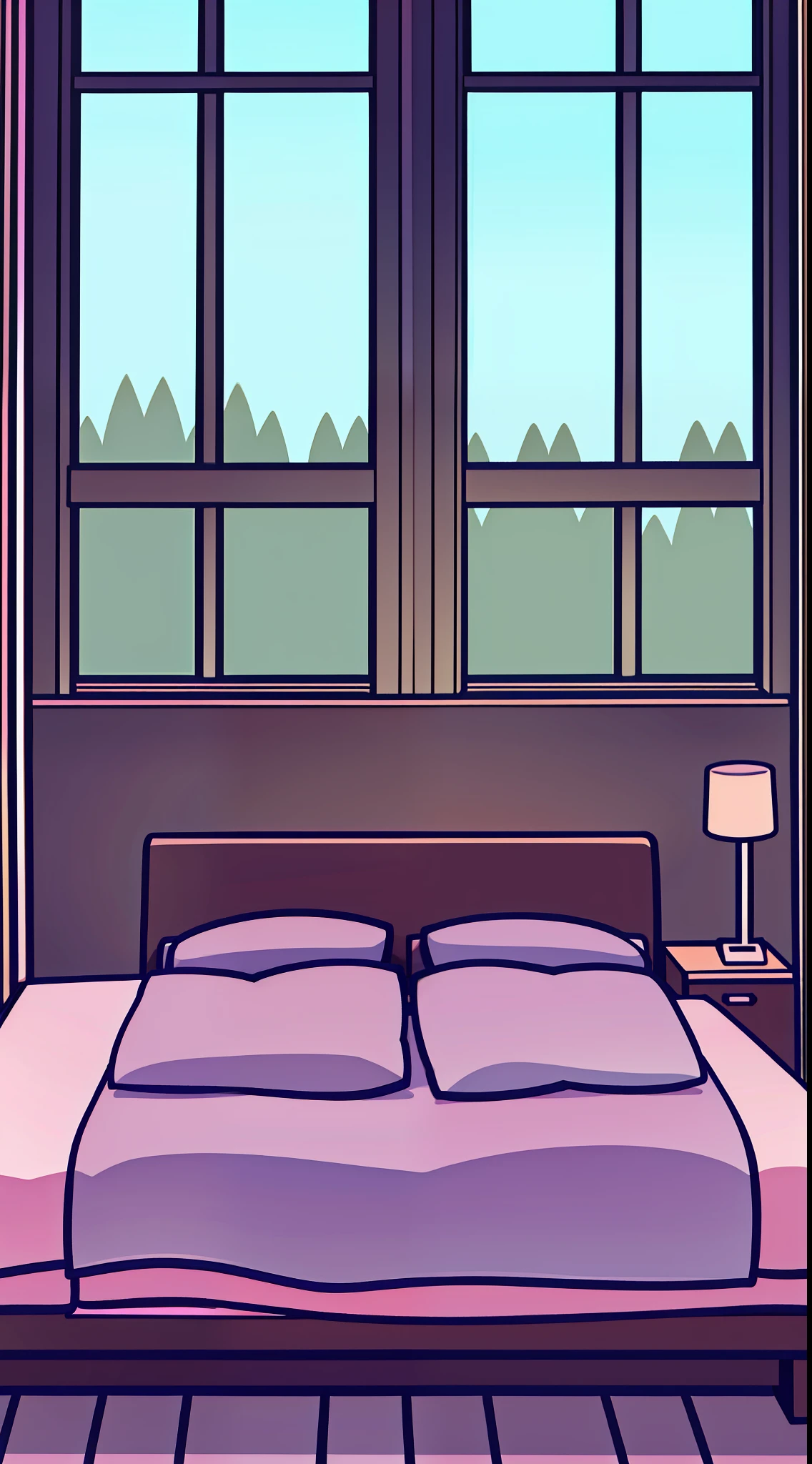 Bed, window, shoes 2 pairs at the end of the bed, 2 pillows of different colors