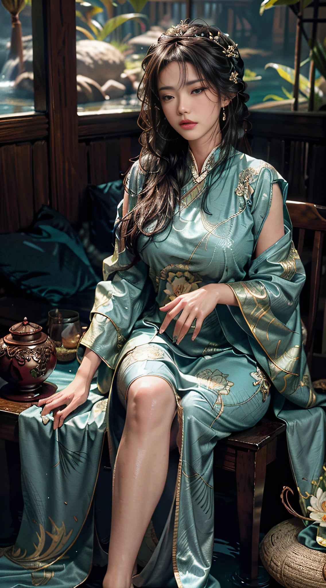 Sitting overgrown with lotus flowers, the art depicts a charming woman with a melon-seed face, dressed in a flowing, silky traditional oriental dress, long, aqua blue, decorated with intricate patterns and bright colors. Her dress drapes elegantly over her curvy figure, accentuating her seductive silhouette. She sits gracefully by the tranquil lotus lake, her feet playing in the water, bathed in the soft glow of the moonlight. The scene exudes an ethereal and dreamy atmosphere, with a touch of mystery and sexiness. The graphic style blends watercolor and digital illustration techniques to evoke a refined beauty and charm. The lights are filled with soft moonlight, casting soft highlights and shadows on her charming features. Bare thighs, big breasts, three-dimensional facial features, sitting, upturned legs, side braids