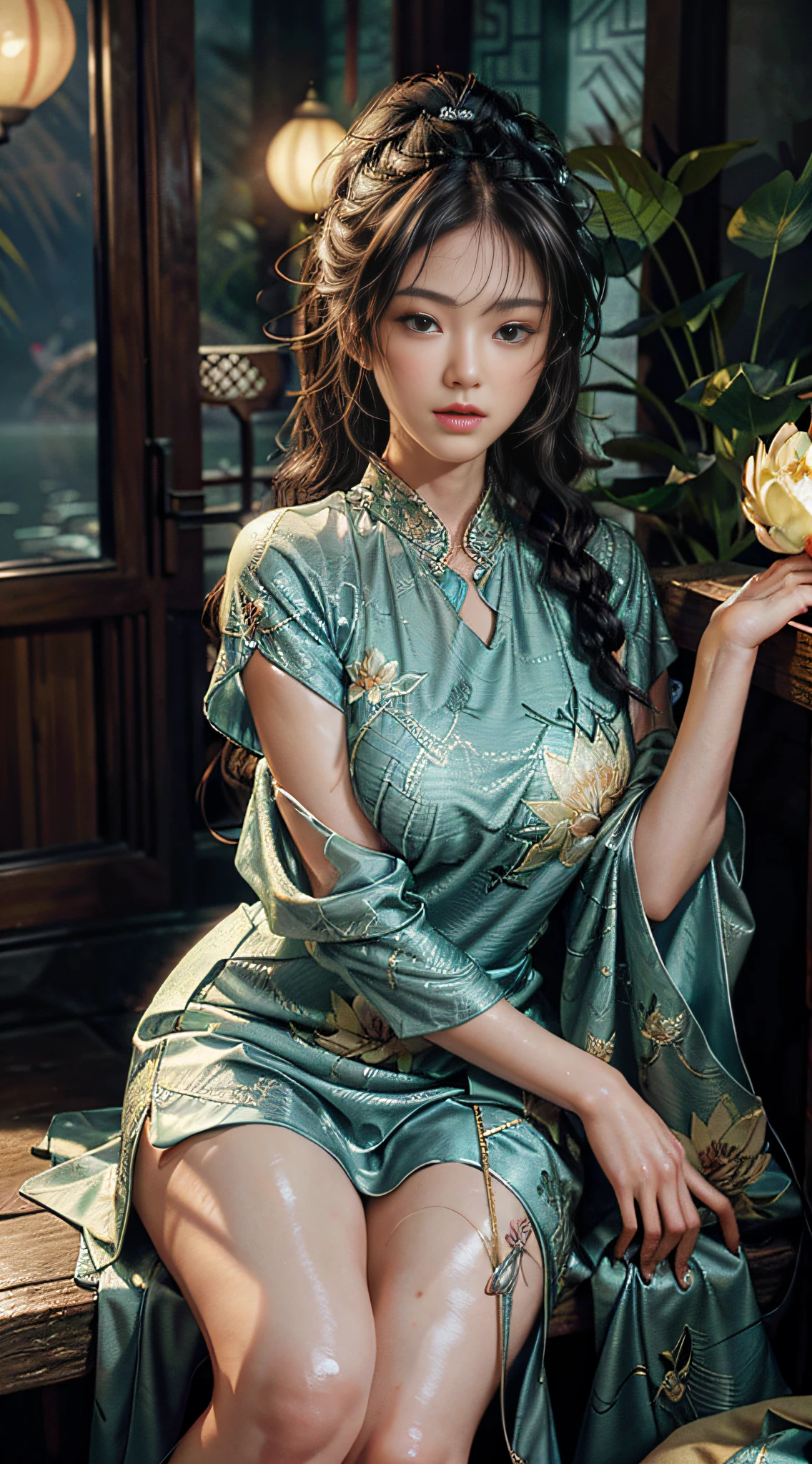 Sitting overgrown with lotus flowers, the art depicts a charming woman with a melon-seed face, dressed in a flowing, silky traditional oriental dress, long, aqua blue, decorated with intricate patterns and bright colors. Her dress drapes elegantly over her curvy figure, accentuating her seductive silhouette. She sits gracefully by the tranquil lotus lake, her feet playing in the water, bathed in the soft glow of the moonlight. The scene exudes an ethereal and dreamy atmosphere, with a touch of mystery and sexiness. The graphic style blends watercolor and digital illustration techniques to evoke a refined beauty and charm. The lights are filled with soft moonlight, casting soft highlights and shadows on her charming features. Bare thighs, big breasts, three-dimensional facial features, sitting, upturned legs, side braids