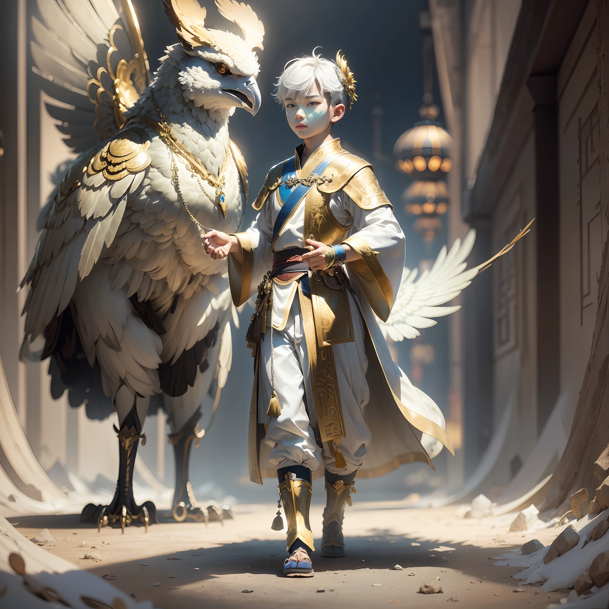 A Chinese boy with short hair, , cool style, next to a golden bird with golden light, wearing white Hanfu, silver hair, metal decoration, three-dimensional facial features, halo, stunning, gorgeous, full body, 3D, Vray rendering, Surrealism, bokeh, low angle shooting, front view, platinum color scheme, cinematic style, cinematic, realism, surreal, fantasy, mythology, product rendering, clean background, ltra detailed, in the style of realistic depiction of light, high detail on light and shadows throughout, intricate details, surreal, hypermaximalist, white studio background, luminous, iridescent, shimmering, Canon EOS - ID mark III --ar 4:5 --upbeta --style raw, hasselblad, ray tracing, Social realism, Surrealism, 8k --auto --s2