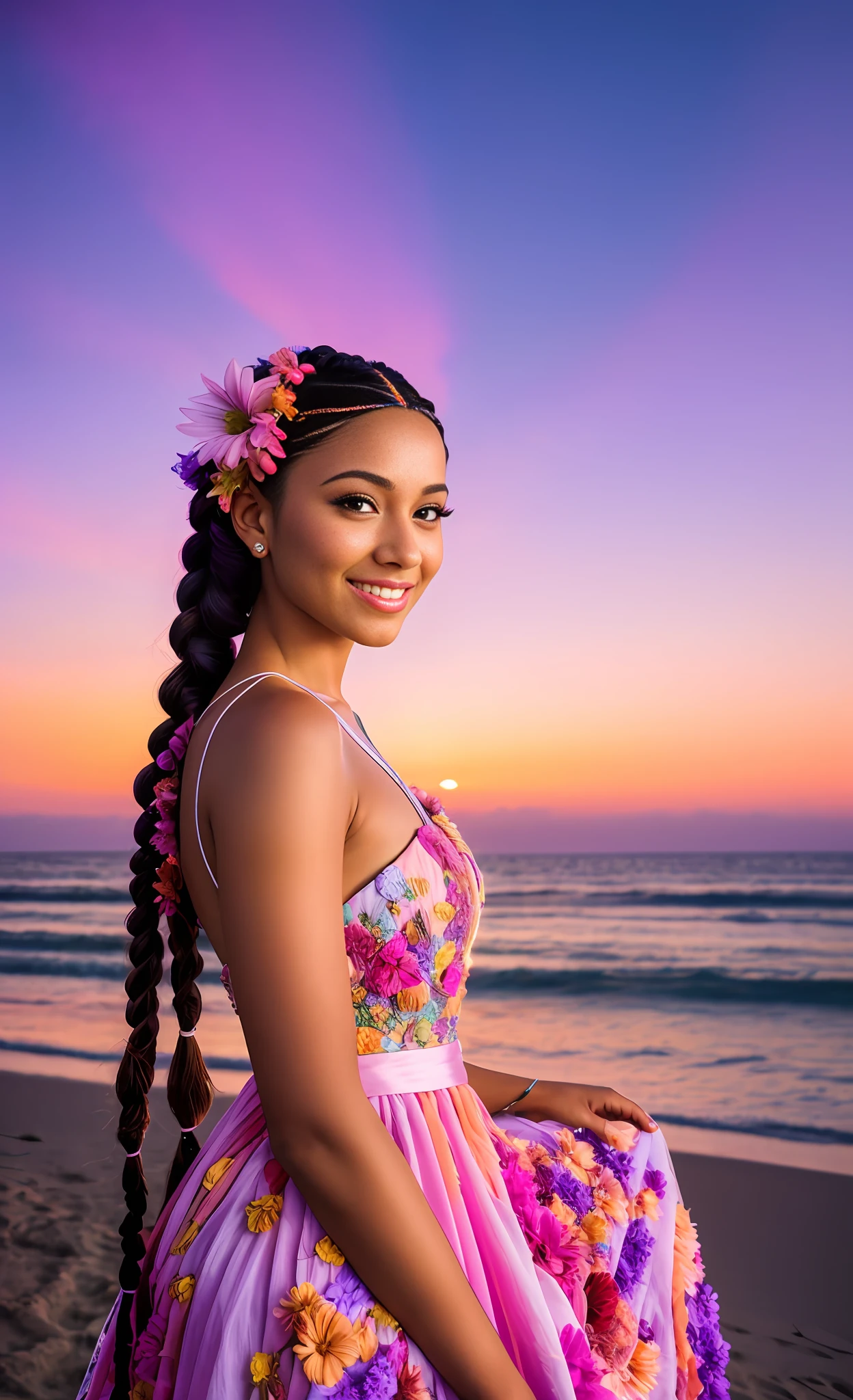 A photo of a young woman with a captivating smile, her hair styled in intricate braids embellished with vibrant flowers. She wears a flowing, ethereal gown in a blend of pastel colors. The background showcases a breathtaking sunset at a picturesque beach, with vibrant hues of orange, pink, and purple illuminating the sky and casting a warm glow, creating a visually stunning and high-contrast backdrop for the portrait.
84Facelexia39 style