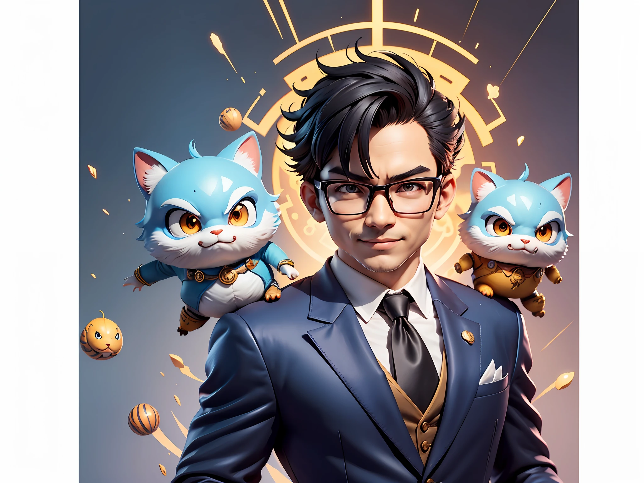 (Masterpiece), (Extreme Quality), (Super Meticulous), (Full Body: 1.2), Super Young Man, Chinese Dragon, Tiger, Wind God Thor, Sexy, Bursting, Oriental Face, TV Anchor, Bust Portrait Illustration, Black Formal Suit, Blue Tie, Slightly Chubby Face, Silver Glasses, Very Clean Face, No Beard on Chin, Black Super Short Hair, Black Eyes, Confident Smile, 3c Computer Sub-Products, iPad, iPhone, Digital Painting, 3D Character Design by Mark Claireden and Pixar and Hayao Miyazaki and Akira Toriyama, The illustration is a high-definition illustration in 4K resolution with very detailed facial features and cartoon-style visuals.