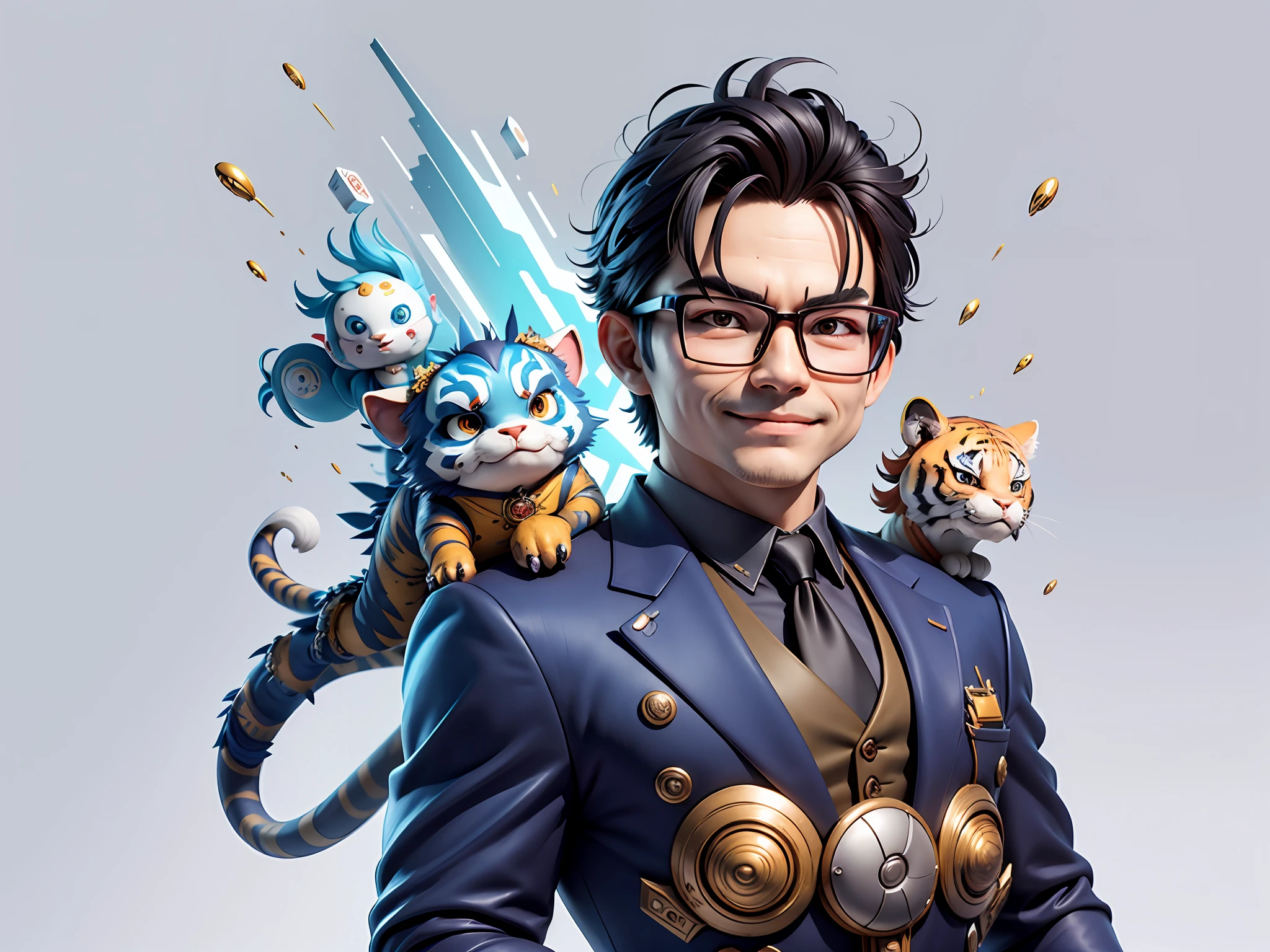 (Masterpiece), (Extreme Quality), (Super Meticulous), (Full Body: 1.2), Super Young Man, Chinese Dragon, Tiger, Wind God Thor, Sexy, Bursting, Oriental Face, TV Anchor, Bust Portrait Illustration, Black Formal Suit, Blue Tie, Slightly Chubby Face, Silver Glasses, Very Clean Face, No Beard on Chin, Black Super Short Hair, Black Eyes, Confident Smile, 3c Computer Sub-Products, iPad, iPhone, Digital Painting, 3D Character Design by Mark Claireden and Pixar and Hayao Miyazaki and Akira Toriyama, The illustration is a high-definition illustration in 4K resolution with very detailed facial features and cartoon-style visuals.