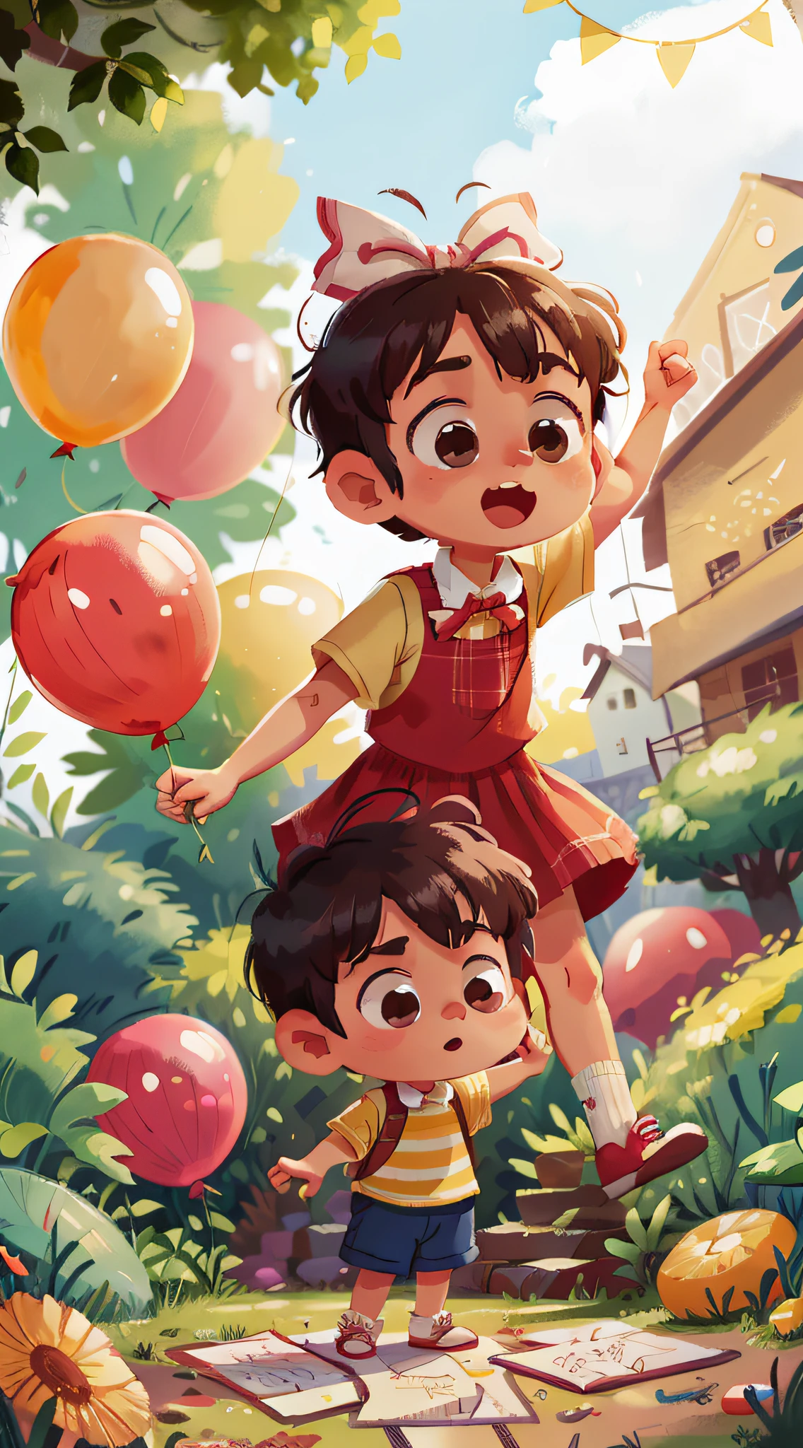 A boy, a smaller girl with short hair and bow, zoo, many balloons, happy, happy, perfect quality, clear focus (clutter - house: 0.8), (masterpiece: 1.2) (realistic: 1.2) (bokeh) (best quality) (detailed skin: 1.3) (complex details) (8K) (detail eyes) (sharp focus), (happy) full body, clean background, long vision composition, 85MM SHOT