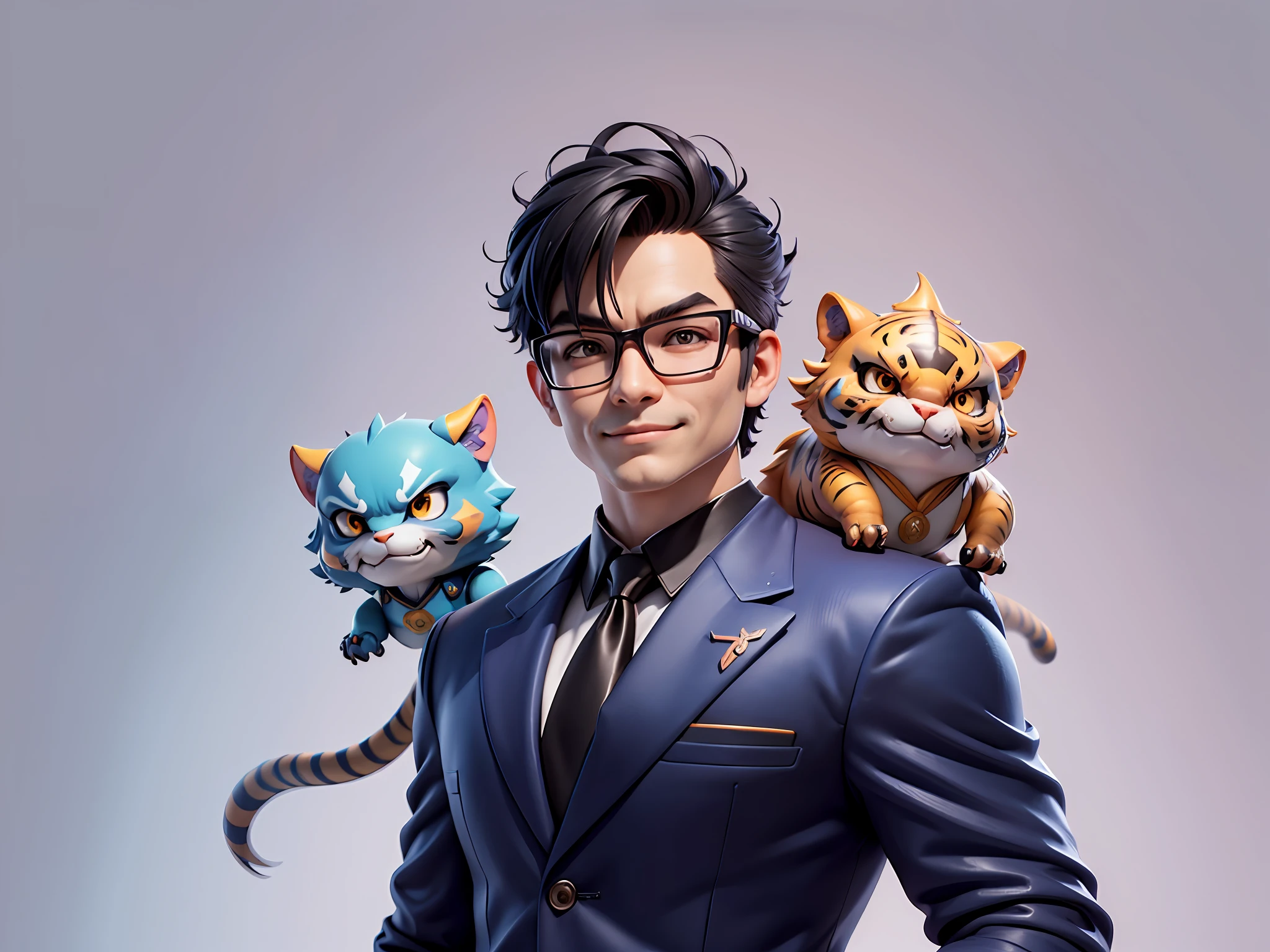 (Masterpiece), (Extreme Quality), (Super Meticulous), (Full Body: 1.2), Super Young Man, Chinese Dragon, Tiger, Wind God Thor, Sexy, Bursting, Oriental Face, TV Anchor, Bust Portrait Illustration, Black Formal Suit, Blue Tie, Slightly Chubby Face, Silver Glasses, Very Clean Face, No Beard on Chin, Black Super Short Hair, Black Eyes, Confident Smile, 3c Computer Sub-Products, iPad, iPhone, Digital Painting, 3D Character Design by Mark Claireden and Pixar and Hayao Miyazaki and Akira Toriyama, The illustration is a high-definition illustration in 4K resolution with very detailed facial features and cartoon-style visuals.