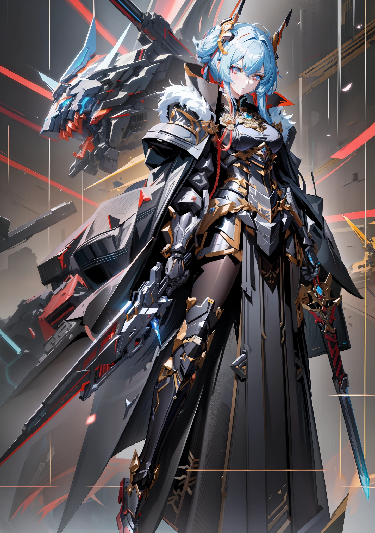 Anime characters with sword and armor futuristic setting, girl in mecha cyber armor, Kushat Krenz key art female, by Yang J, cyberpunk anime girl mecha, CGsociety and Fenghua Zhong, mechanized Valkyrie girl, by Zhou Chen, Pan Chengwei on Artstation, 2. 5 D CGI anime fantasy artwork,