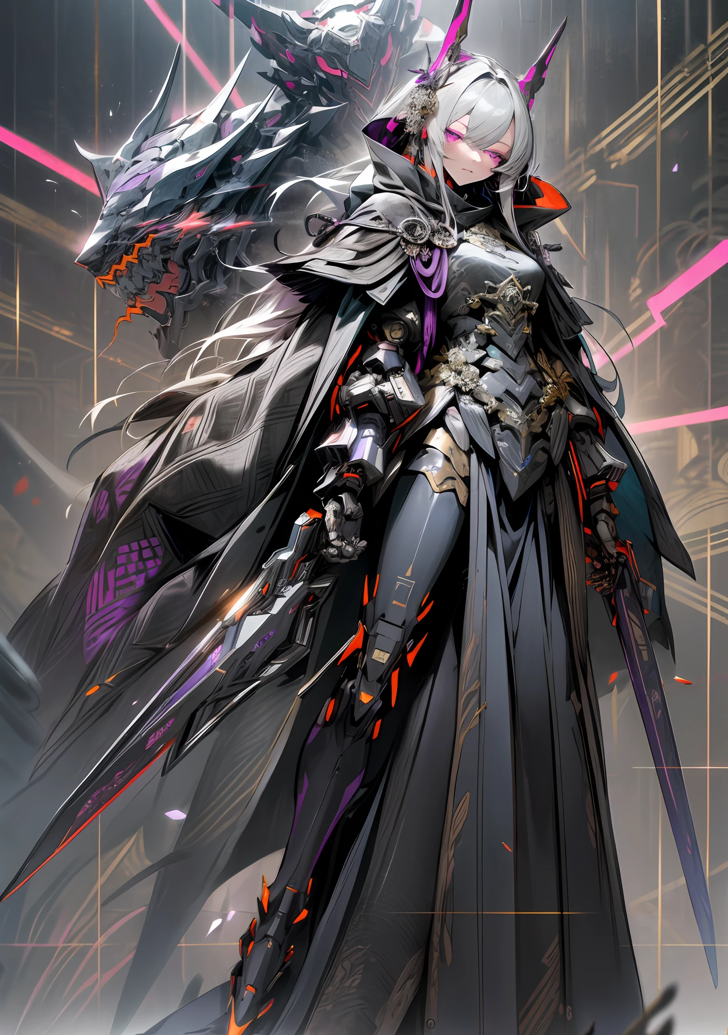Dark_Fantasy, cyberpunk, (black purple: 1.1), 1 person, mechanical marvel, robot existence, cybernetics guardian, full body, armored dress, gray hair, long hair, mask, chinoiserie, shawl, ((black coat)), glowing eyes, purple eyes, expressionless, mecha long skirt, holding a weapon,