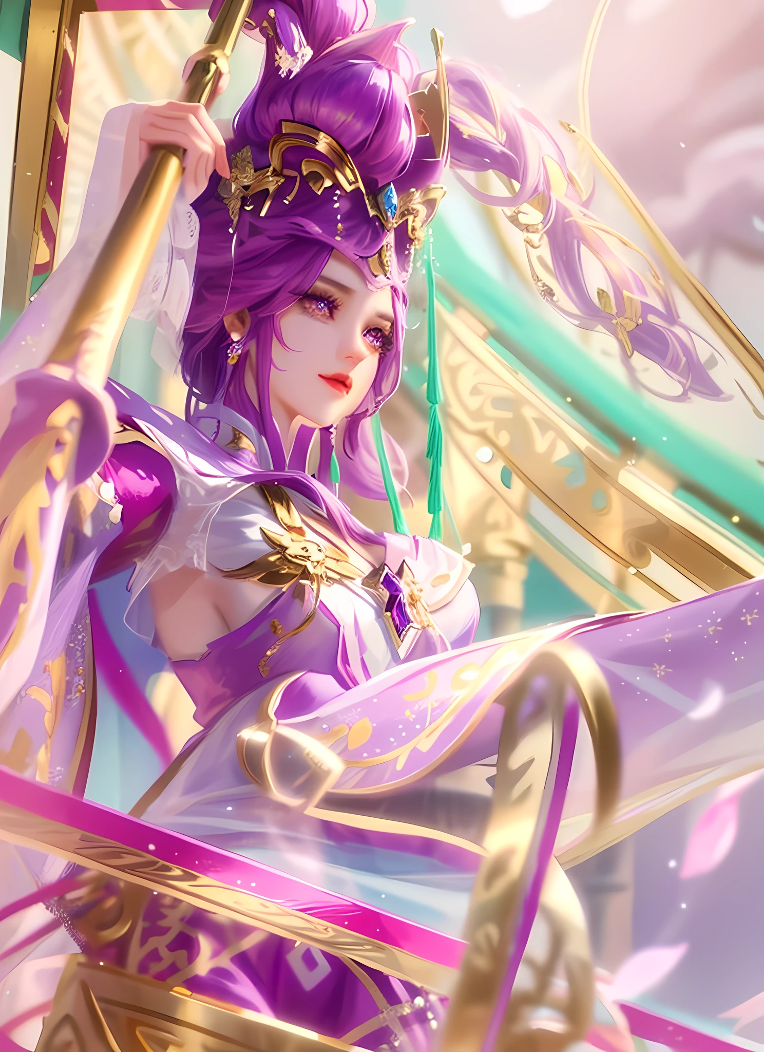 Best quality, excellent picture quality, 8K ultra definition, masterpiece: 1.2, super detailed, purple and gold costumes, beautiful character paintings, inspired by Bibi Dong from "Douluo Continent", epic character art, super detailed costume details, light purple eyes.