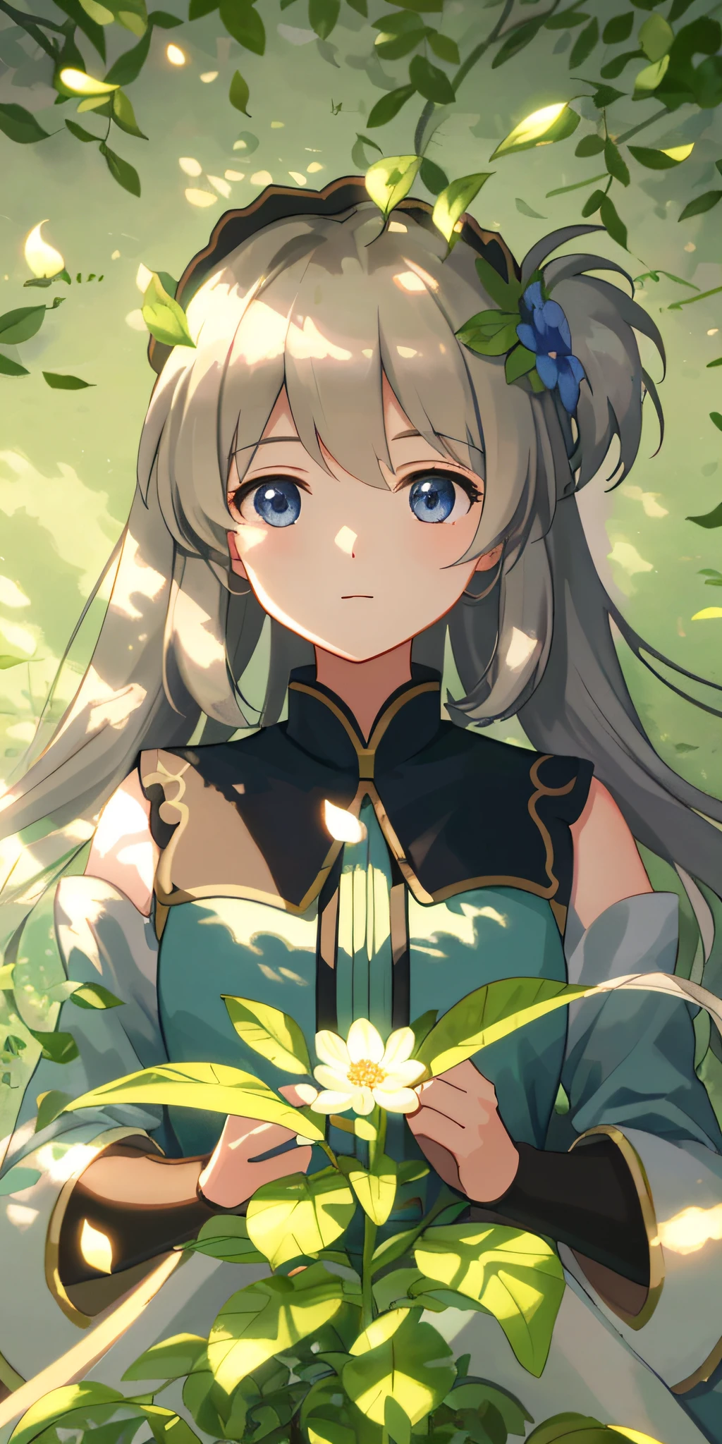 A woman with long hair and blue eyes holding a flower - SeaArt AI