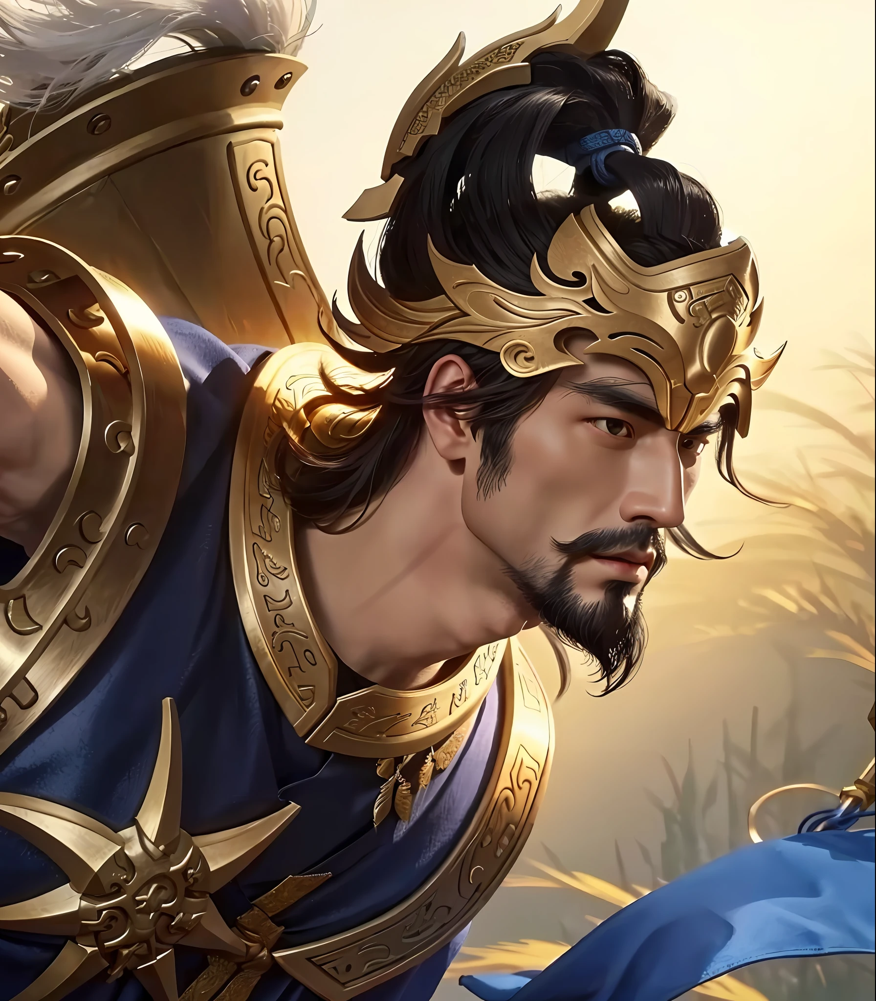 a close up of a man with a helmet on holding a sword, inspired by Huang Shen, bian lian, heise jinyao, guan yu, sun wukong, xianxia hero, inspired by Li Kan, inspired by Pu Hua, inspired by Hu Zaobin, inspired by Huang Ding, inspired by Wu Bin, inspired by Zhao Zuo, gatotkaca,