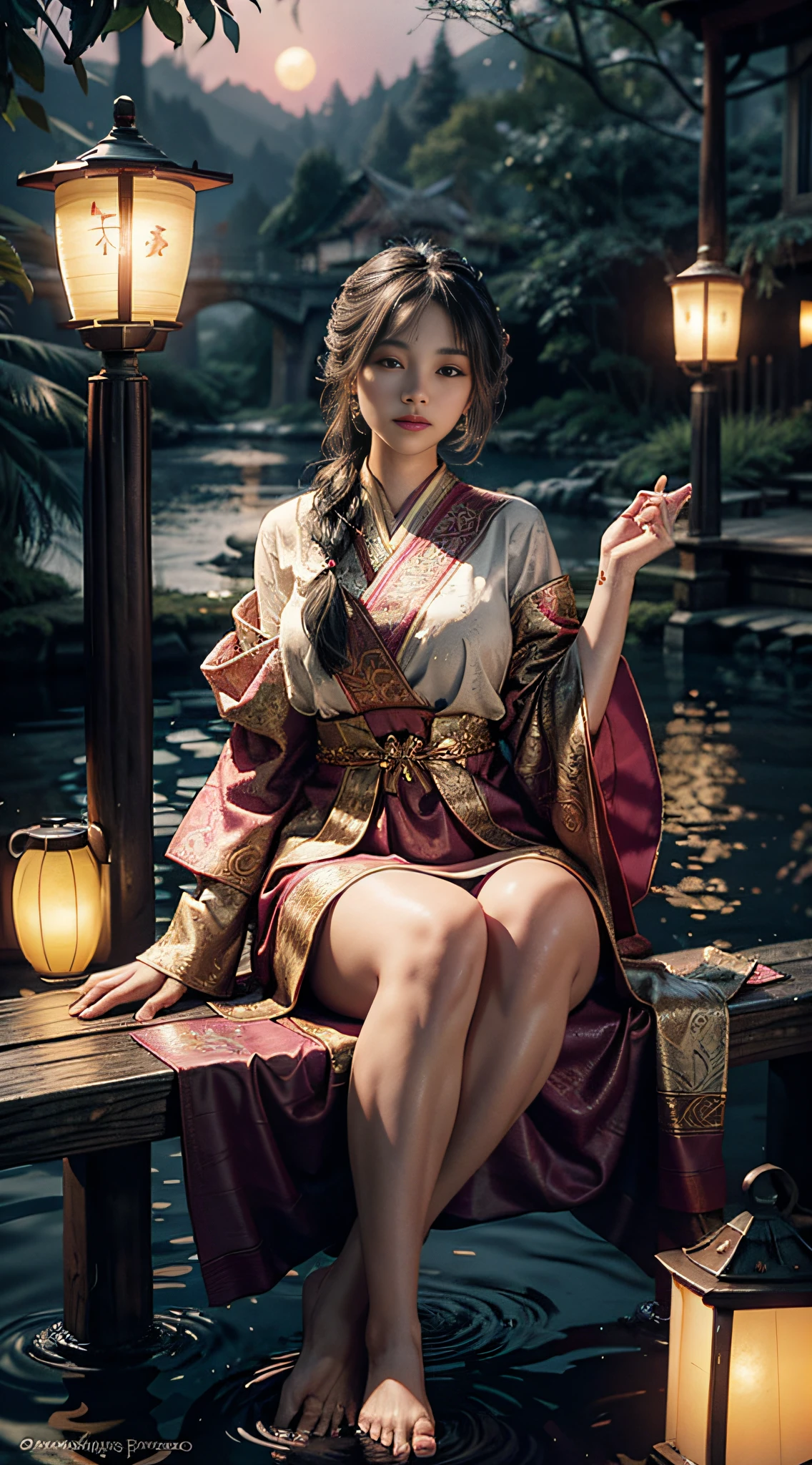 Sitting on a bridge full of river lanterns, feet playing in the water, the art depicts a charming woman dressed in a flowing, silky traditional oriental dress, pink, decorated with intricate patterns and bright colors. Her dress drapes elegantly over her curvy figure, accentuating her seductive silhouette. She sits gracefully by the tranquil lotus lake, her feet playing in the water, bathed in the soft glow of the moonlight. The scene exudes an ethereal and dreamy atmosphere, with a touch of mystery and sexiness. The graphic style blends watercolor and digital illustration techniques to evoke a refined beauty and charm. The lights are filled with soft moonlight, casting soft highlights and shadows on her charming features. Bare thighs, big breasts, three-dimensional facial features, sitting, upturned legs, side braids
