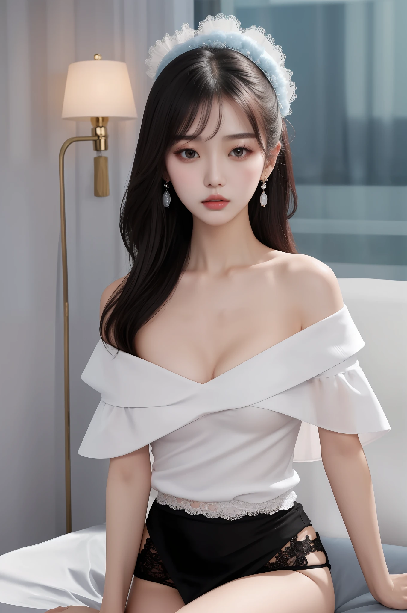 Fashion trendy beautiful and charming woman, gentle and charming Chinese beautiful woman, Korean(kpop-idol), delicate and sexy collarbone, charming oval face, double eyelids, smart [peach]blossom eyes, pink lips, small nose, bare shoulders, focus on the face, close-up of the face, Ultra-high-definition, super-detailed, the ((loose)), white off-the-shoulder shirt perfectly echoes the light blue high slit miniskirt, (chest cutout). ((black)lace panties), fresh and impressive, Natural(medium breasts:1.25), (nsfw:1.2)