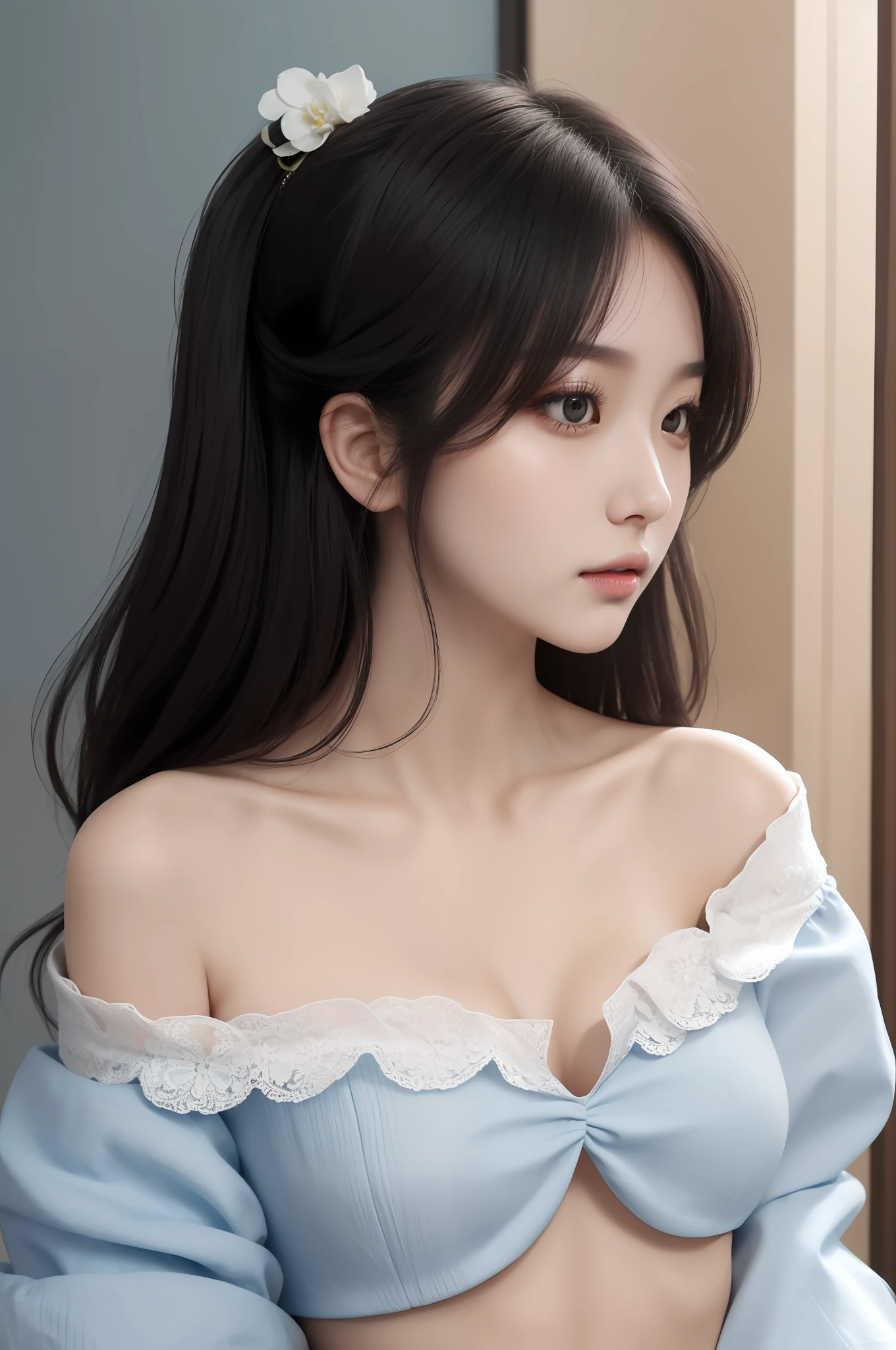 Fashion trendy beautiful and charming woman, gentle and charming Chinese beautiful woman, Korean(kpop-idol), delicate and sexy collarbone, charming oval face, double eyelids, smart [peach]blossom eyes, pink lips, small nose, bare shoulders, focus on the face, close-up of the face, Ultra-high-definition, super-detailed, the ((loose)), white off-the-shoulder shirt perfectly echoes the light blue high slit miniskirt, (chest cutout). ((black)lace panties), fresh and impressive, Natural(medium breasts:1.25), (nsfw:1.2)