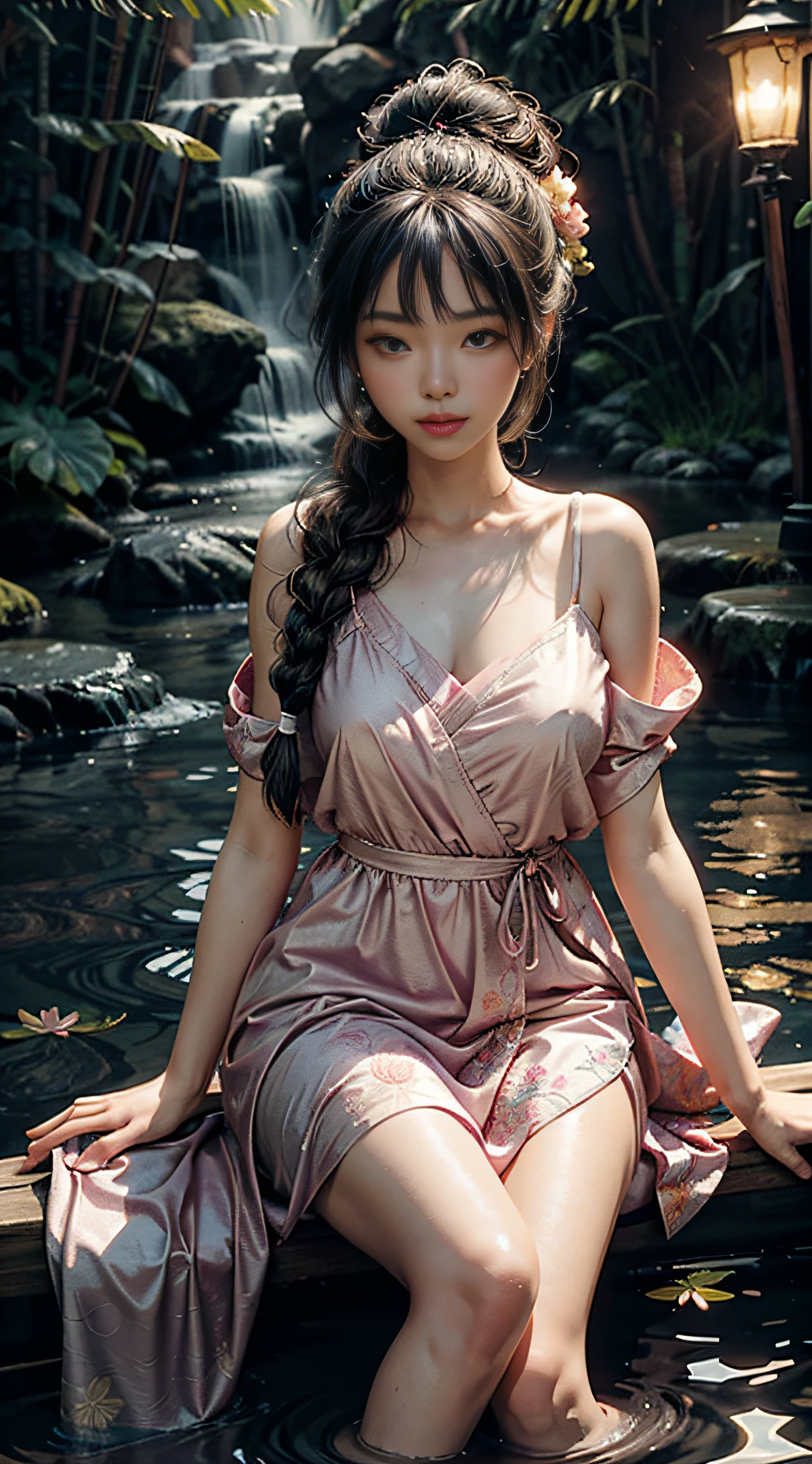 Sitting on a bridge with her feet playing in the water, the art depicts a charming woman in a flowing, silky traditional oriental dress in pink, decorated with intricate patterns and bright colors. Her dress drapes elegantly over her curvy figure, accentuating her seductive silhouette. She sits gracefully by the tranquil lotus lake, her feet playing in the water, bathed in the soft glow of the moonlight. The scene exudes an ethereal and dreamy atmosphere, with a touch of mystery and sexiness. The graphic style blends watercolor and digital illustration techniques to evoke a refined beauty and charm. The lights are filled with soft moonlight, casting soft highlights and shadows on her charming features. Bare thighs, big breasts, three-dimensional facial features, sitting, upturned legs, side braids
