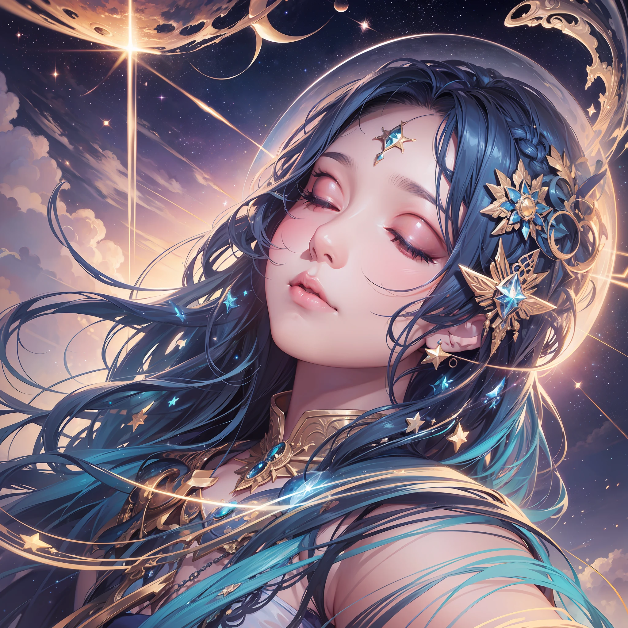 Celestial goddess sleeping amidst the stars, Wlop, artgerm, hyperrealistic, hyper detailed, photorealistic, breathtaking, beautiful, awe, incredible composition, amazing depth, imposing, meticulously composed, 16k resolution concept art