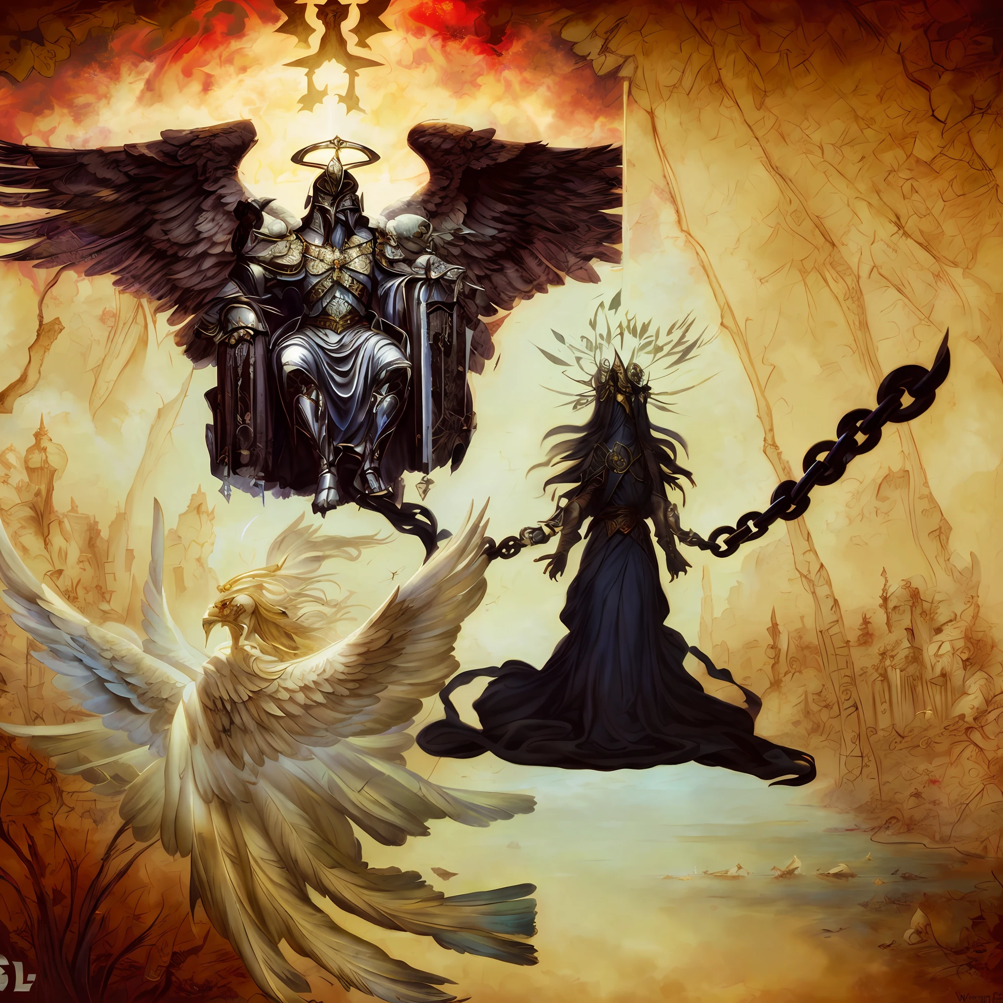 there are two pictures of a woman with wings and a demon, the god emperor of humanity, heavy metal art, detailed cover art, symmetrical epic fantasy art, inspired by Aleksi Briclot, eros and thanatos, heavy metal art style, fantasy dark art, amazing d d d dark sun art, by Eugeniusz Zak, dramatic art there is a painting of a woman chained to a winged figure, the god emperor of humanity, dark fantasy art, detailed cover art, symmetrical epic fantasy art, heavy metal art, dark fantasy art style, angel watching demon, amazing d d dark sun art, dark fantasy art, gothic fantasy art, dramatic art, inspired by Aleksi Briclot m style brian froud, by Wendy Froud, inspired by Wendy Froud, inspired by Brian and Wendy Froud, brian froud