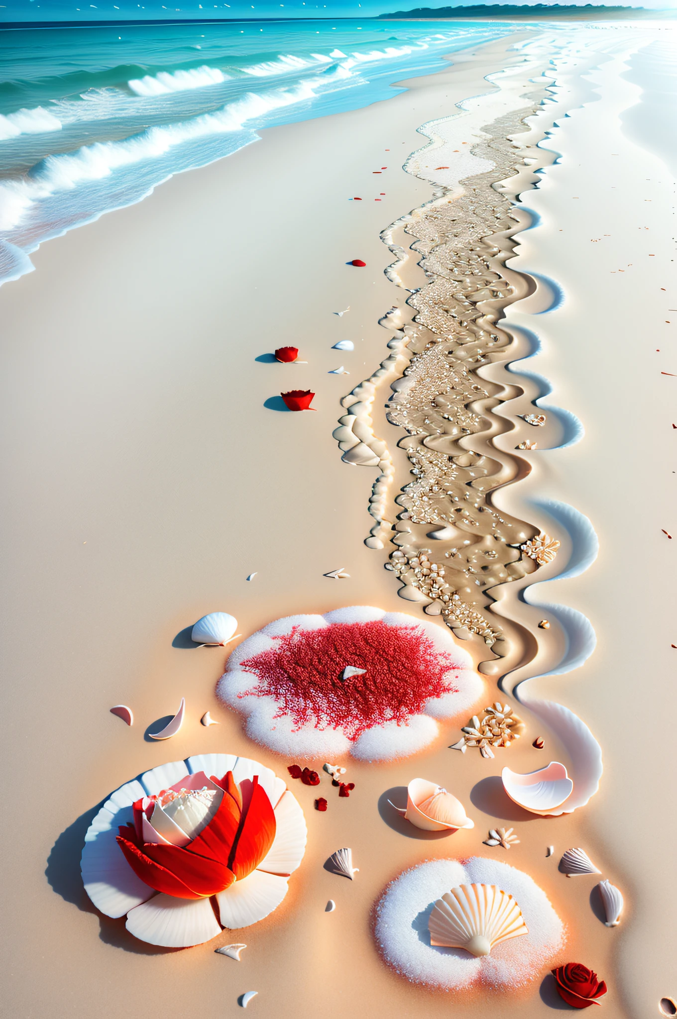 In the coral sea, shells scattered on the beach, red roses, beautiful and gorgeous. Beautiful scene, through the sunlight on the white sand, the sky is as white as ivory, the clouds are as pale as white feathers, and the colorful colors are like dreams.