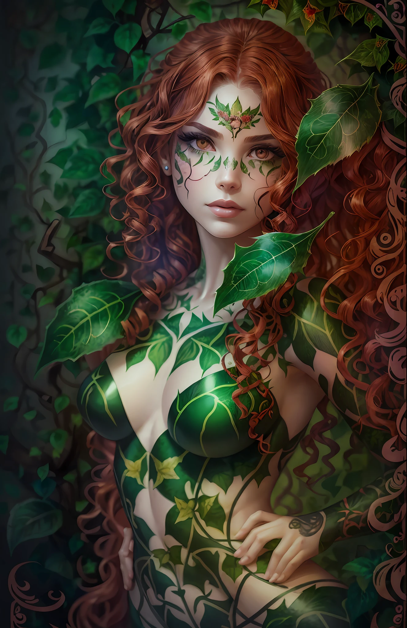 Graphic image of beautiful ivy girl, beautiful curly ivy hair, expressive eyes, poison ivy leaf tattoos on the face, poison ivy leaf and flower drawings on the body, full-length figure, model pose, high detail, hyperrealism, high quality, clear focus, DSLR camera, CGI. --auto --s2