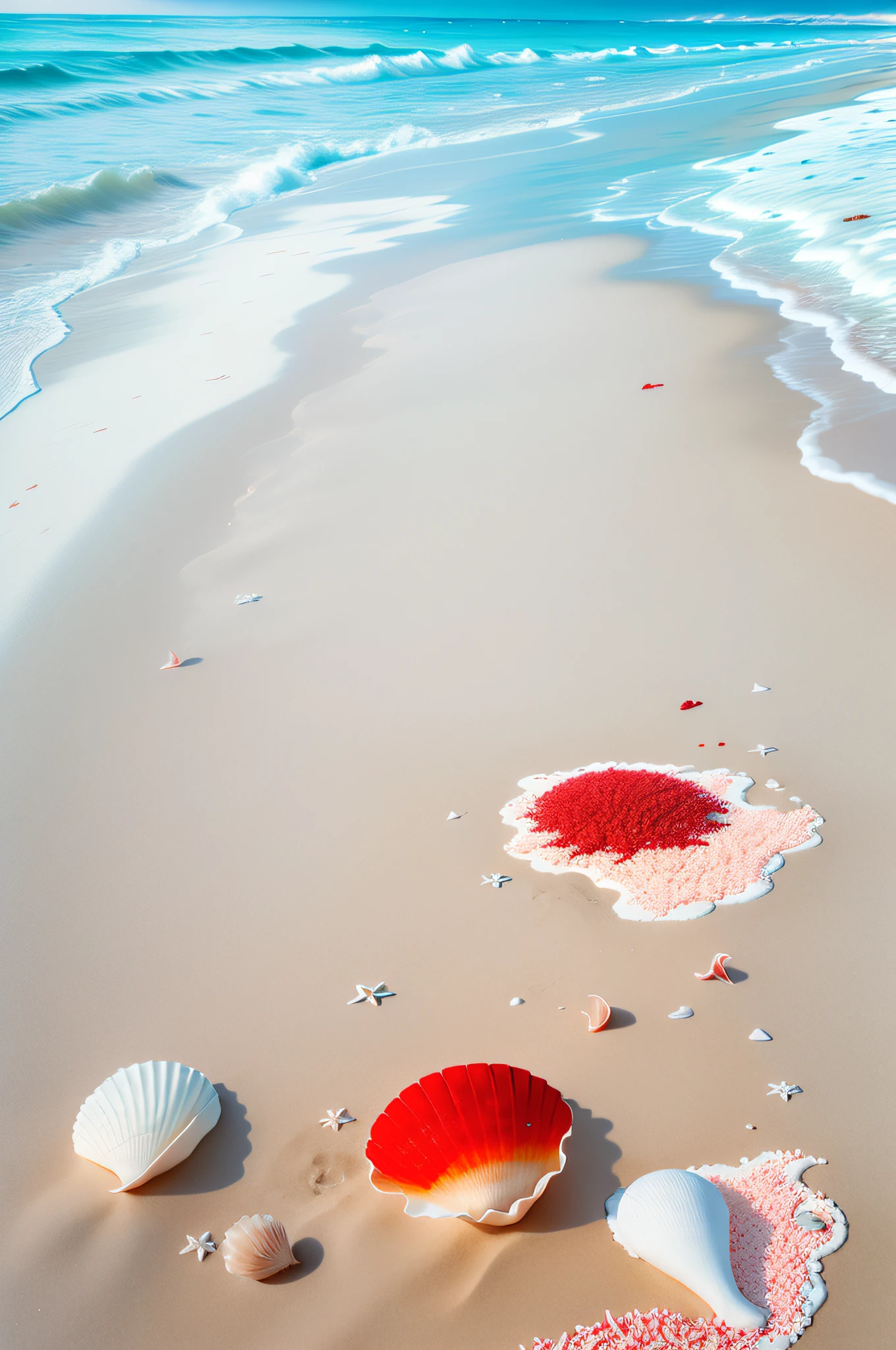 In the coral sea, shells scattered on the beach, red roses, beautiful and gorgeous. Beautiful scene, through the sunlight on the white sand, the sky is as white as ivory, the clouds are as pale as white feathers, and the colorful colors are like dreams.