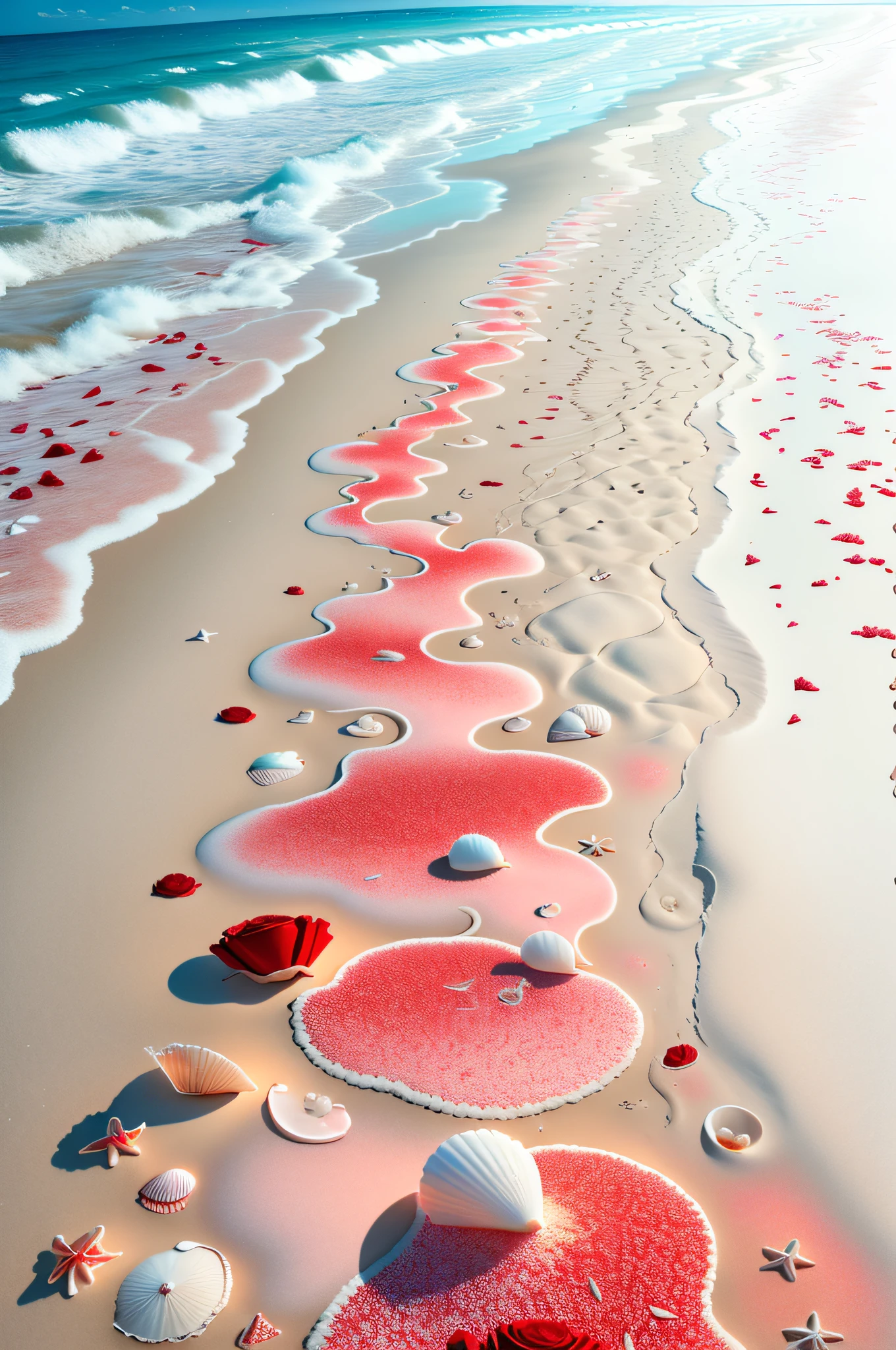 In the coral sea, shells scattered on the beach, red roses, beautiful and gorgeous. Beautiful scene, through the sunlight on the white sand, the sky is as white as ivory, the clouds are as pale as white feathers, and the colorful colors are like dreams.