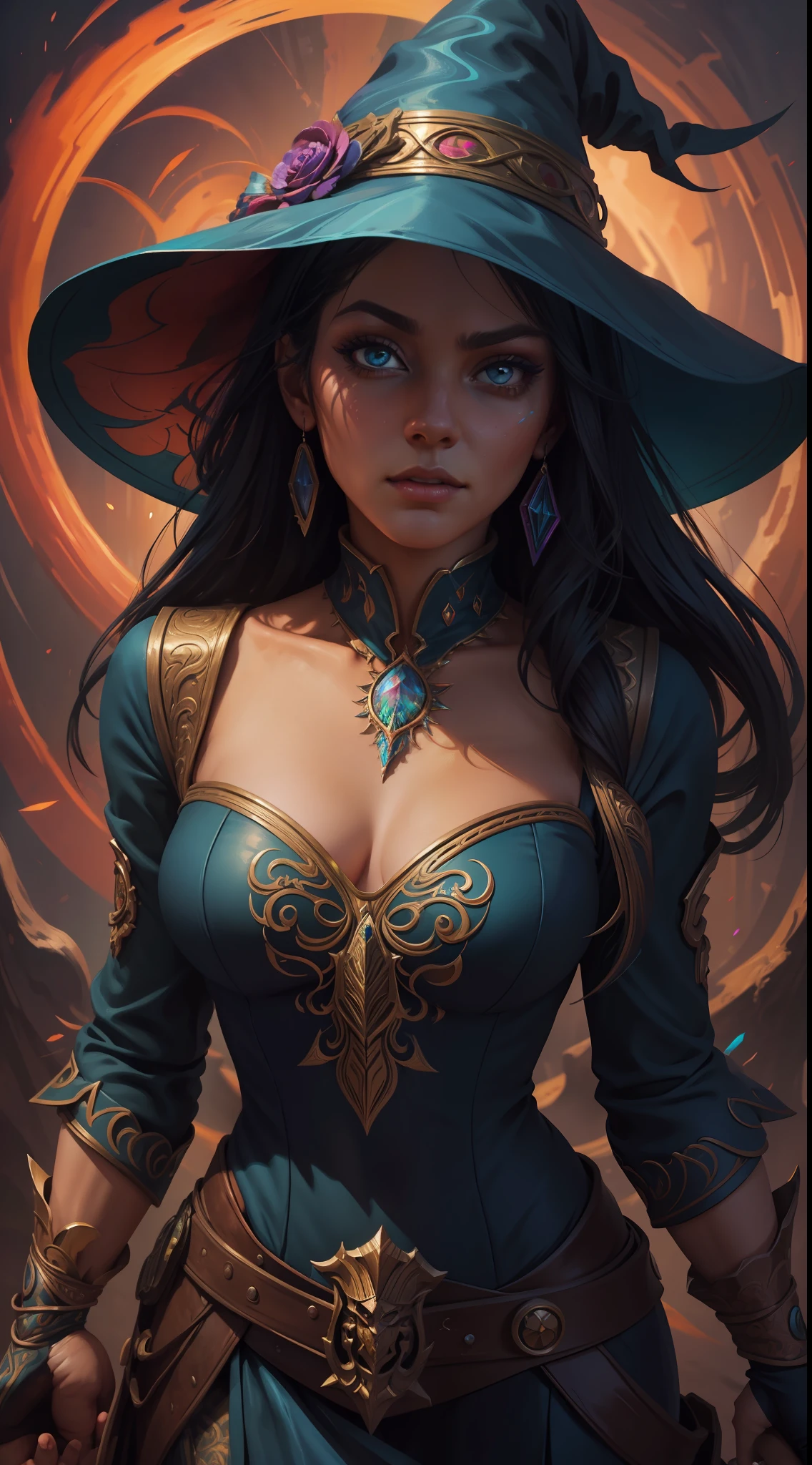 (best quality: 1.1), (masterpiece: 1.1), detailed, perfect anatomy, 1 girl, medium shot, (wide hips: 1.2), wizard, masterpiece, best quality, mature witch, witch hat, grumpy lighting, brightness, bright, mysterious, mystical, magical, rim lighting, vibrant, psychedelic, colorful, intricate, elegant, sharp focus, highly detailed, digital painting, concept art, matte, masterpiece, hyper detailed ultra sharp, vibrant aesthetics, blood wave, colorful, psychedelic, ornate, intricate, digital painting, concept art, smooth, sharp focus, illustration, beautiful female,