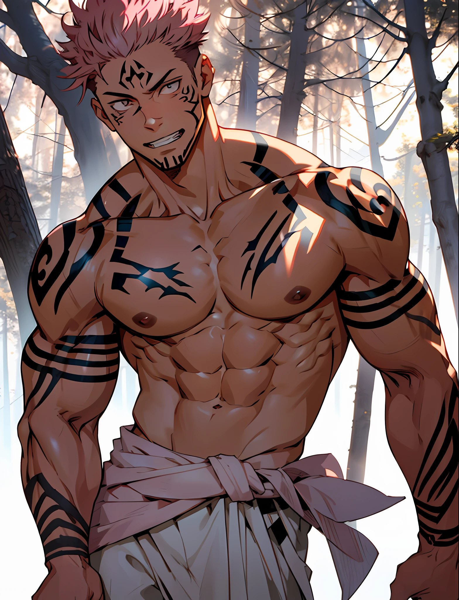 Best quality, masterpiece, expressionless, ultra high res, detailed background, solo, muscular male, short hair, cowboy shot, real shadow and light, Sukuna a man with pink hair and shirtless, tattoo_ryoumen, tattoo_on_his_face, eye focus, manly, mature, full body, anatomically correct,