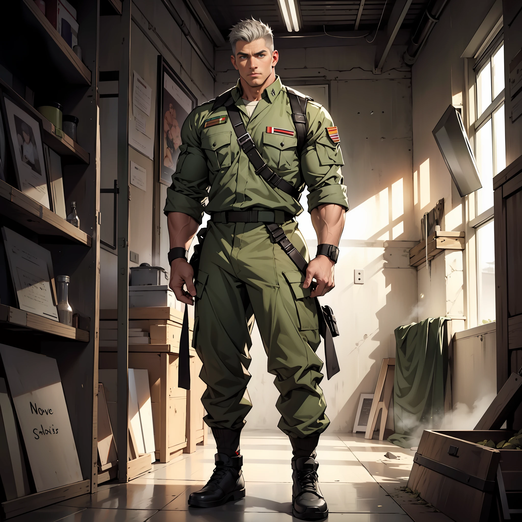 (1 male soldier, short silver hair flat-headed strong man) very muscular, solo, military uniform, light particles, battlefield, realistic hands, realistic feet, full body portrait, perfect quality, masterpiece, standing posture, army green short socks, masculinity, masculinity, big biceps and big pectoral muscles and huge, sexy, handsome, erect, huge, 25 cm long, full body portrait, standing painting, perfect eyes