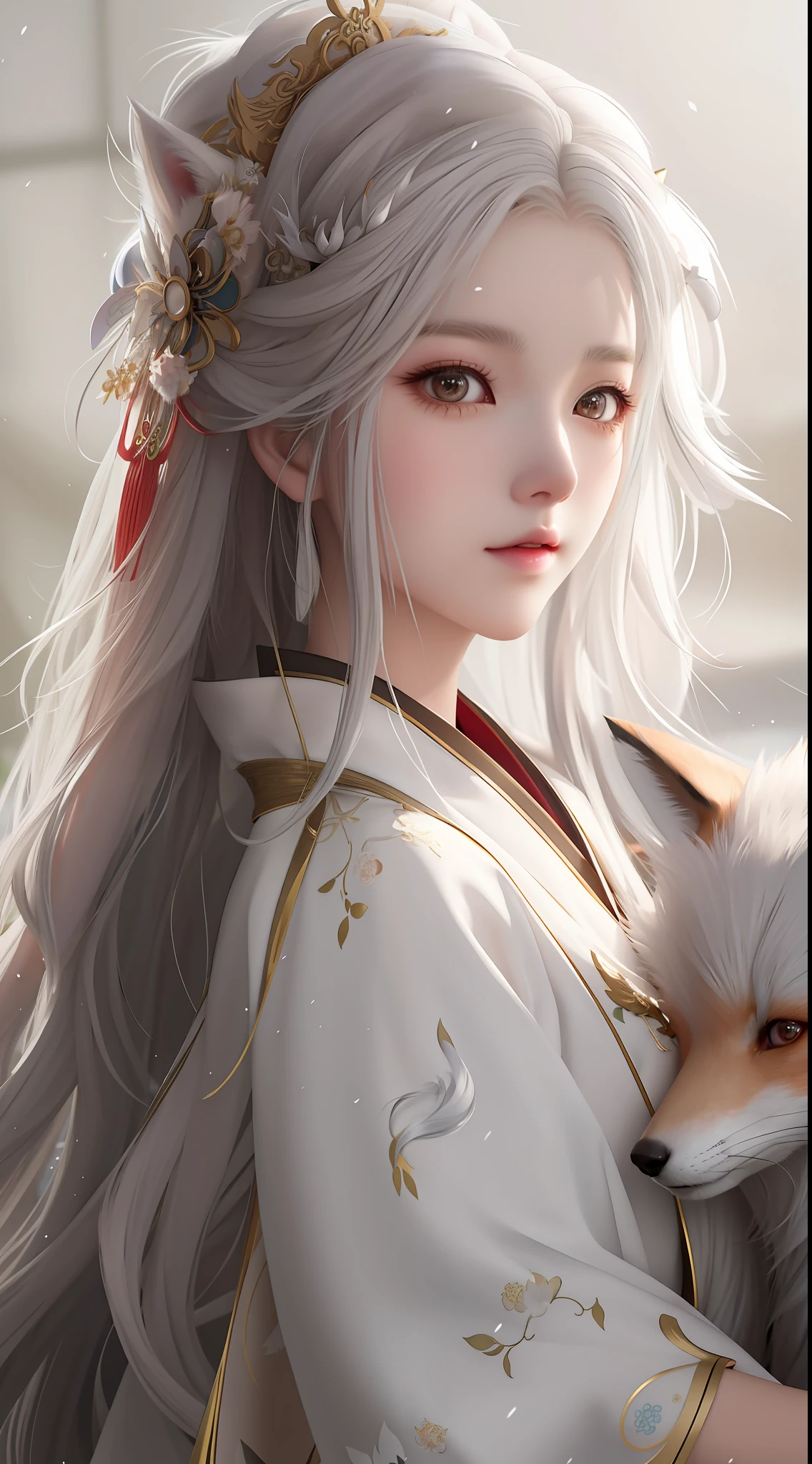 anime girl with long hair and a fox in her arms, artwork in the style of guweiz, white - haired fox, guweiz, a beautiful fox lady, beautiful character painting, by Yang J, white cat girl, white haired deity, girl with white hair, beautiful anime portrait, with long white hair, by Leng Mei, by Fan Qi