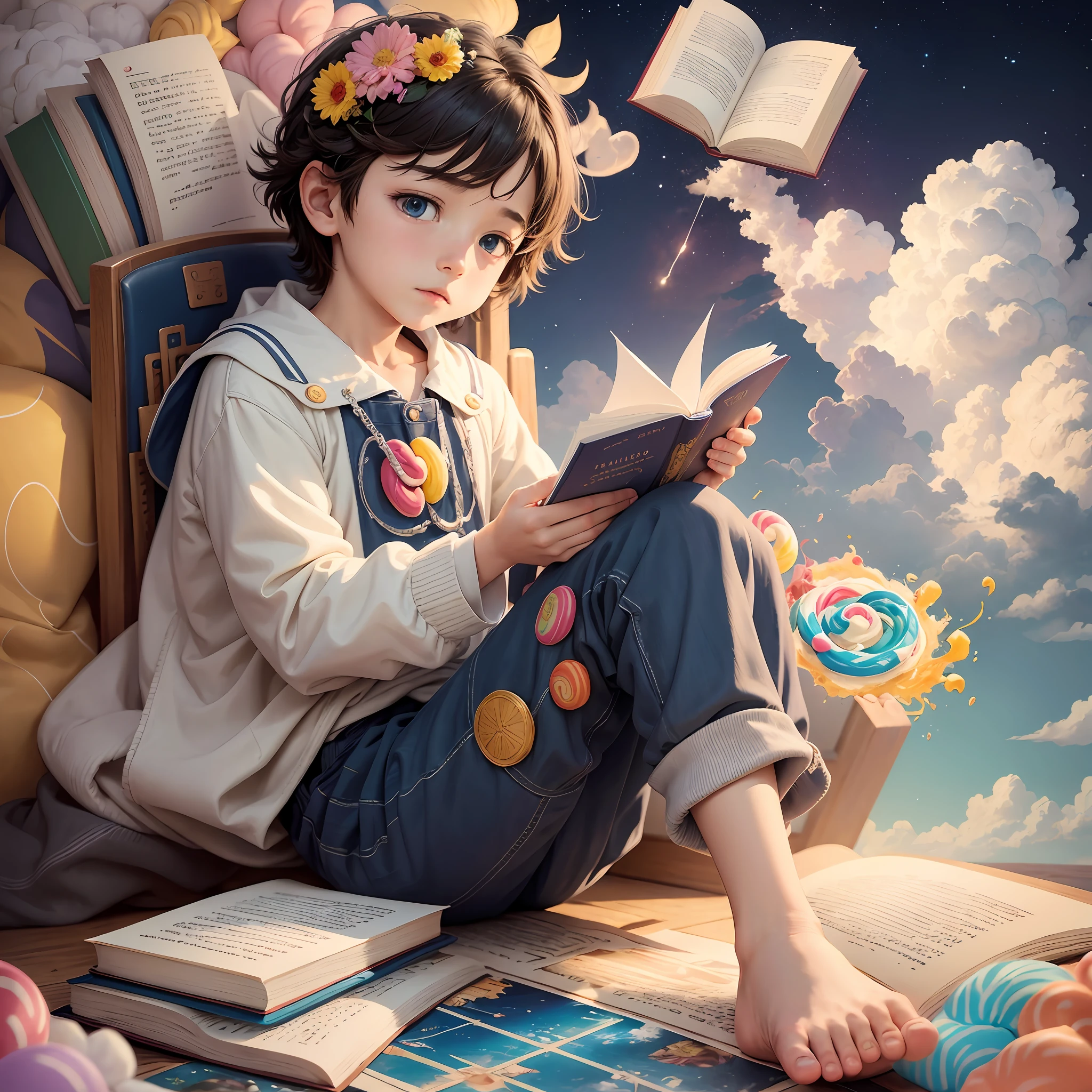 Best quality, masterpiece, 6 year old boy, a huge book with the words "Epilogue of the World". The boy stretched out his hand and gently turned a page of the book. Suddenly, colorful clouds under his feet, a sweet world filled with candy and marshmallows!
。 --auto --s2