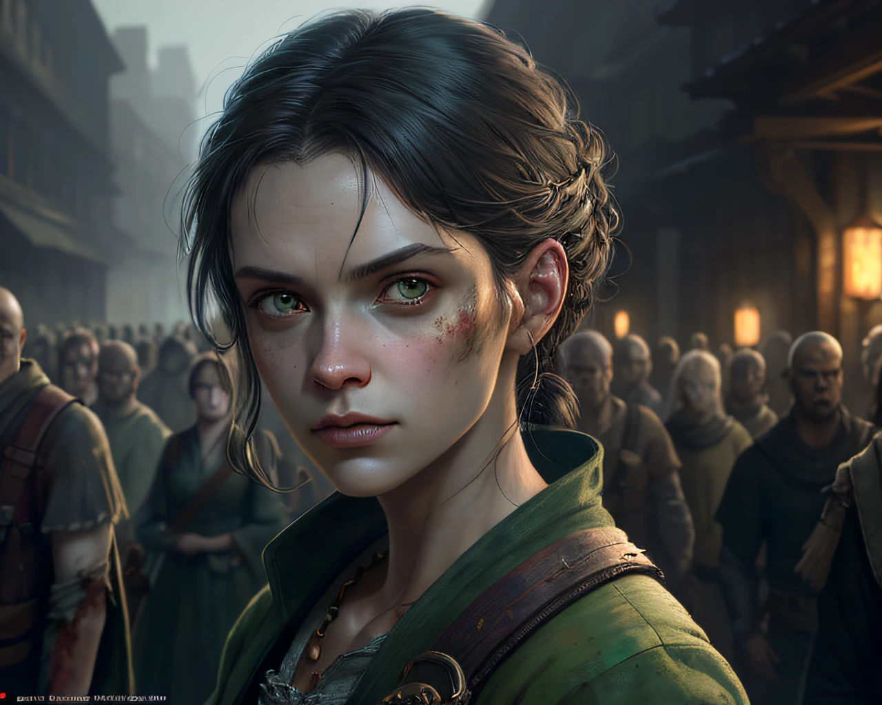 a portrait of a lonely beauty zombie girl alone in a crowd, alabaster skin, grunge outfit, crawed background, doubtful poses, perfect face, hyper detailed, dead inside, green eyes, (extremely detailed cg unity 8k wallpaper), the most beautiful artwork in the world, atey ghailan, in the style of studio ghibli, by jeremy mann, greg manchess, antonio moro, intricate, high detail, photorealistic painting art by midjourney and greg rutkowski, matte, bryan organ, extremely detailed cg unity 8k wallpaper, high detail, photorealistic painting art by midjourney and greg rutkowski, matte, bryan organ, extremely detailed cg unity 8k wallpaper, high detail, photorealistic painting art by midjourney and greg rutkowski, matte, bryan organ, extremely detailed cg unity 8k wallpaper, high detail, photorealistic painting art by midjourney and greg rutkowski, matte, bryan organ