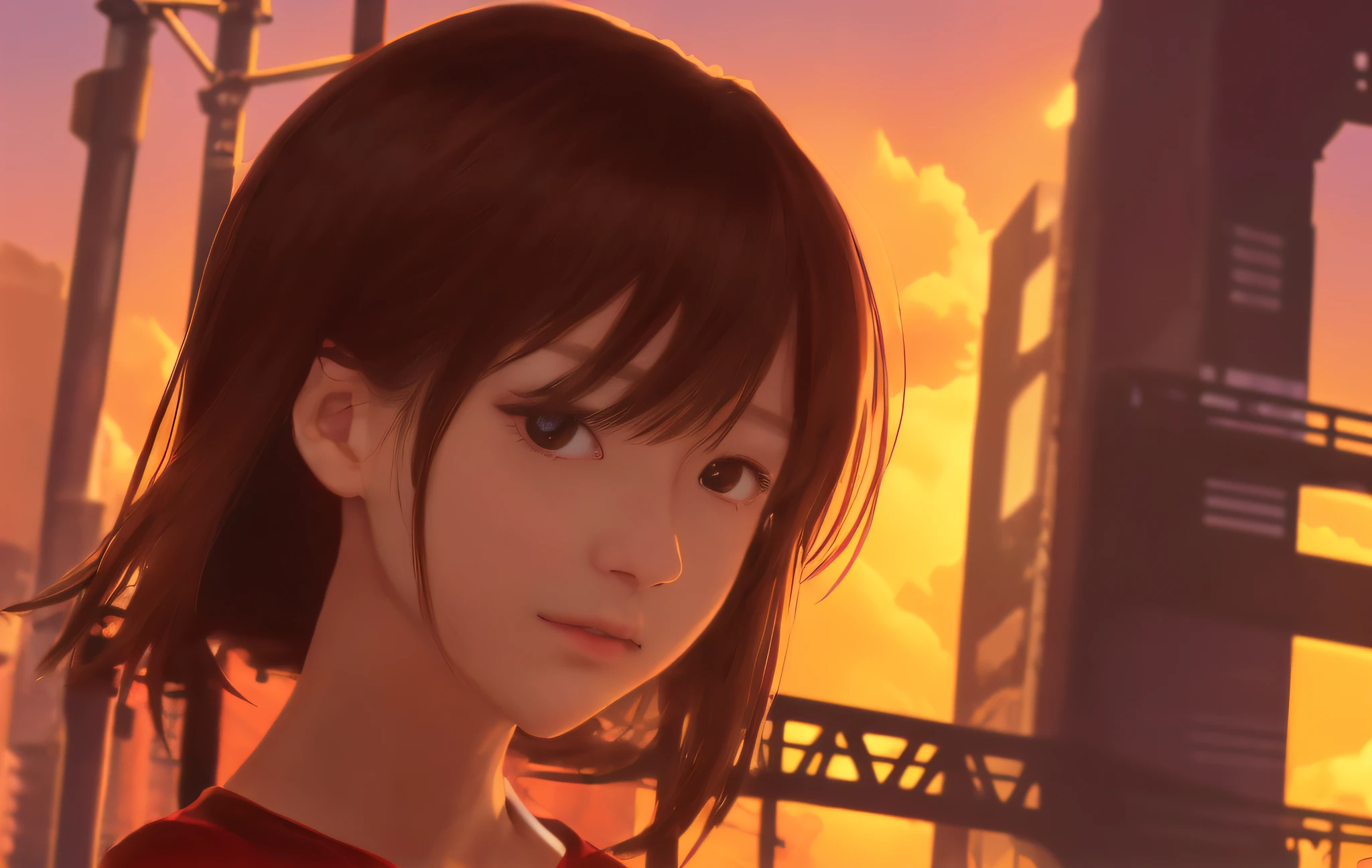 A young and cute Japan woman drawn with carefully and very detailed illustrations like Makoto Shinkai's anime. He has short brown hair, perfect round gray eyes, strong light in his eyes, an unpointed chin, plump cheeks, and red clothes. The background is an urban industrial area dyed by sunset, focus on women, fantastic scenes, fantastic lighting.