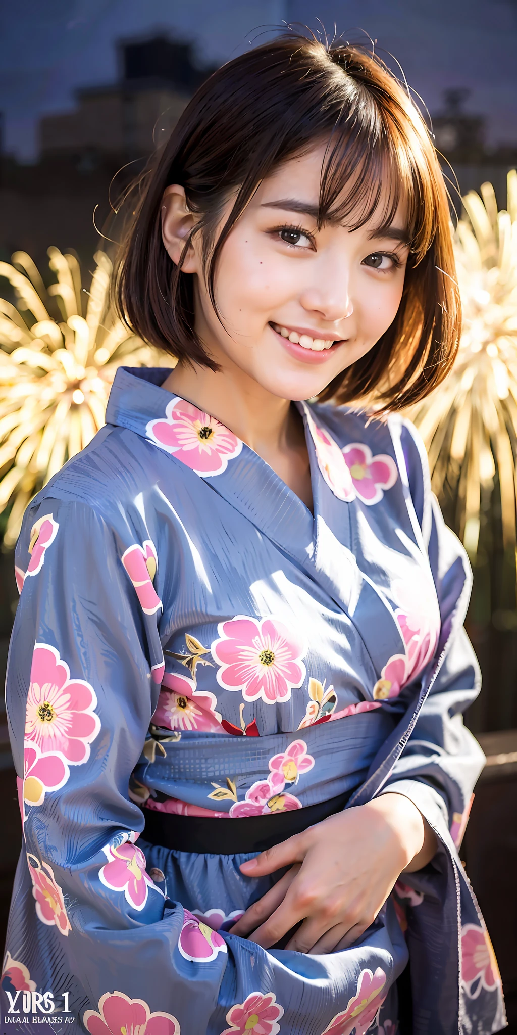 1girl, RAW photo, masterpiece, top quality, high quality, exquisite, 8k, 32k, high resolution, absurdity, (realistic:1.4), (detail clothing:1.2), Japan idol, short messy hair, smile, embarrassing, blush, very cute and beautiful face and eyes, black eyes, small breasts, cute, school, fireworks display, night, cityscape, yukata