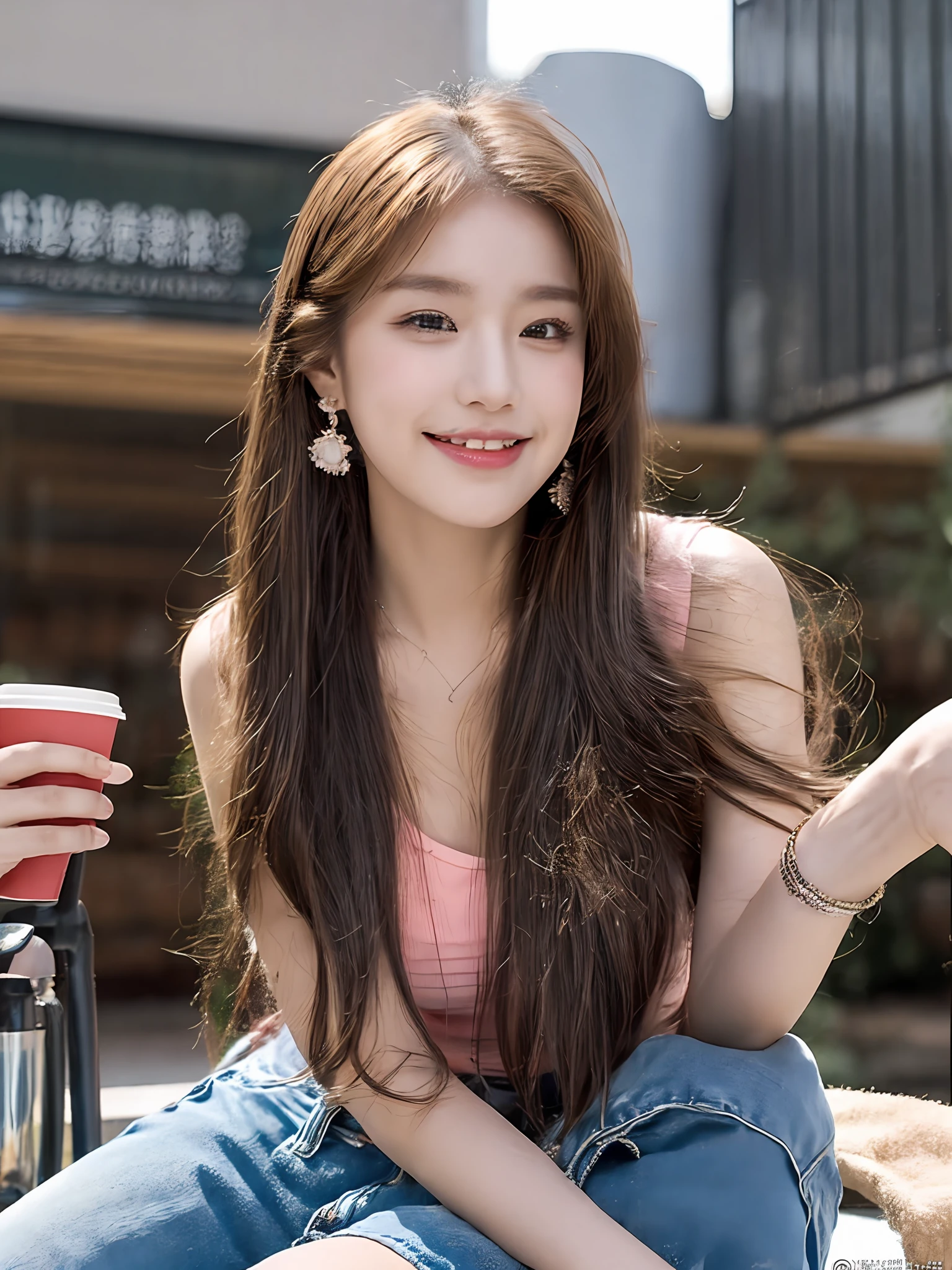 Outdoor, 1 girl, hairpins, earrings, jewelry, brown hair, looking at the audience, lips, playful, sitting in front of the drawing board, drawing, thighs, full body, pink top, strappy denim shorts, holding a coffee cup, with a sweet smile on her face, natural arms, seems to be dancing in harmony with the surroundings. Her breath is full of vitality and vitality, as if her whole body is venting the energy of youth. The whole picture is made more vivid by her presence, making people feel endless joy and vitality.