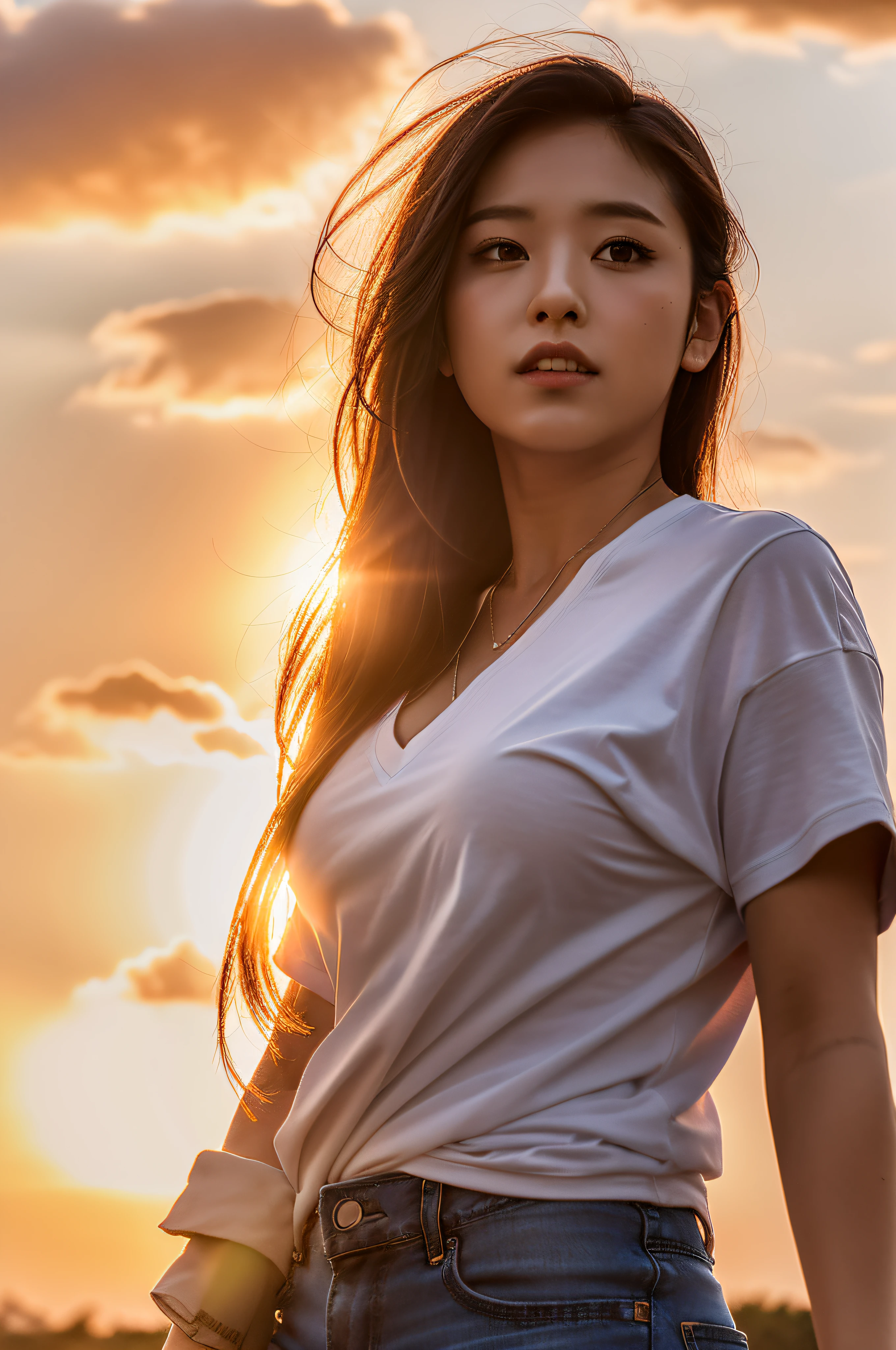 a photo of mrvdhlm (medium shot),standing in front of a sunset with burning clouds and (volumetric rays),wearing a v neck shirt and shorts with boots,(nice hands,perfect hands),busty,(curvy hips),ultra high res