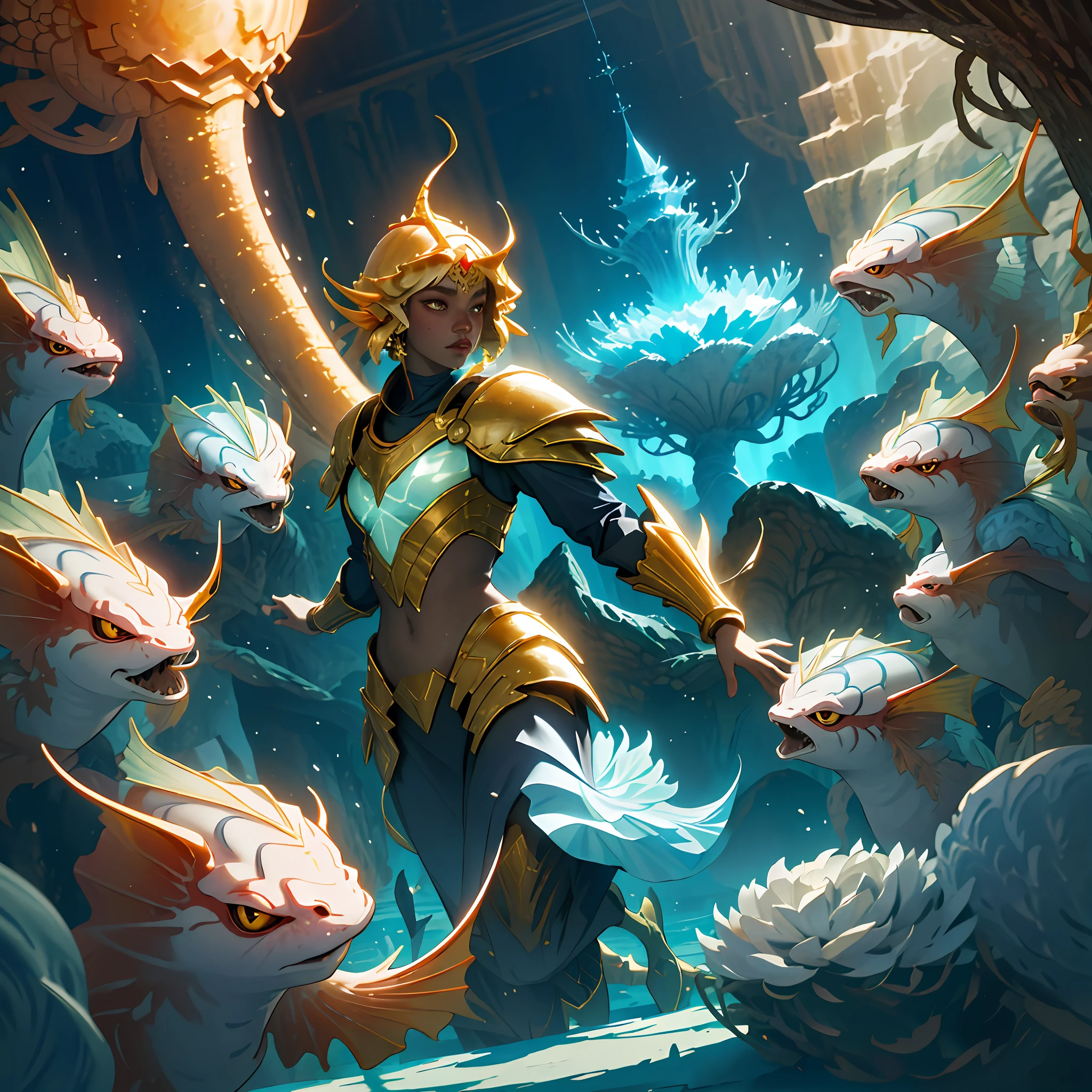 gourgeos, armored praying, castle underwater, beautiful lights, particles, beams of light, strong shadows, complex structures, gold, golden, fish monster, corals, magic,misteryous, digital art, red aura, masterpiece, ruins, high details, debri, wood, fishs, realistic, cinematic, eel, flowers, god fish