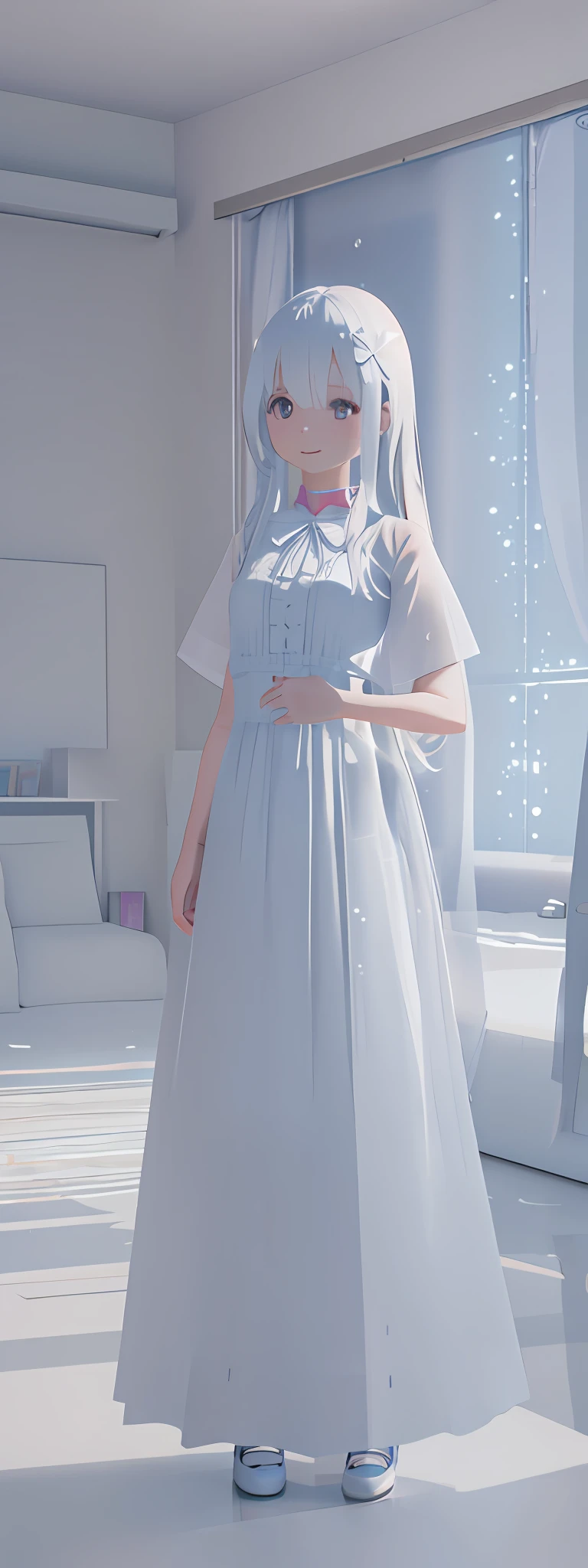 Anime girl standing in room in white dress, translucent dress, loli dress, pastel 3d rendering, ambient occlusion:3, depicted as 3 d rendering, ( ( 3 D Rendering)), realistic rendering costume, soft silhouette, soft rendering, ambient occlusion rendering, ambient occlusion rendering, clear clothing design with hands on chest