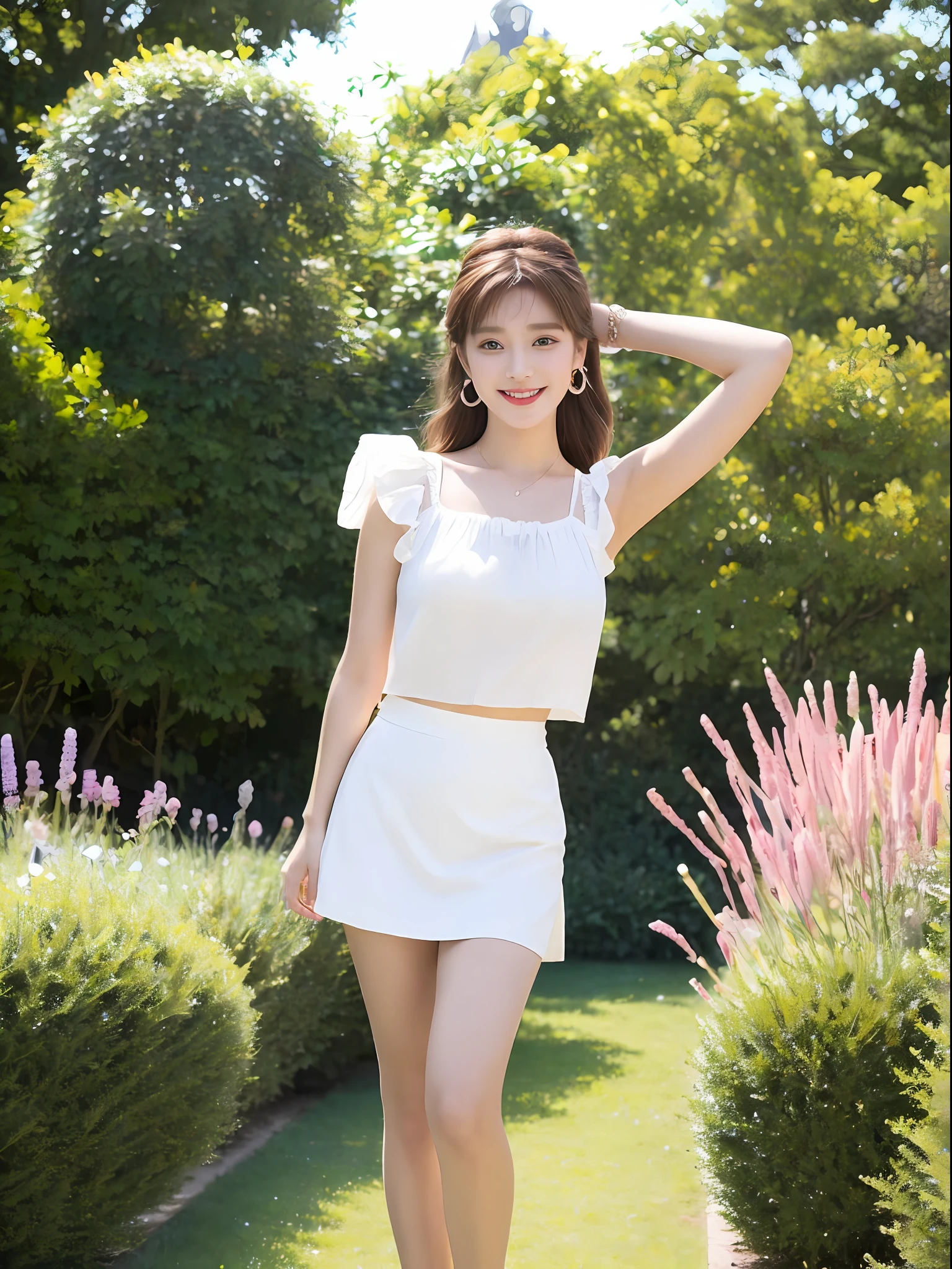 In the garden, 1 girl, hairpins, earrings, jewelry, brown hair, looking at the audience, lips, playful, thighs, full body, white top, short skirt, sweet smile on the face, natural arms, seems to be dancing in harmony with the surroundings. Her breath is full of vitality and vitality, as if her whole body is venting the energy of youth. The whole picture is made more vivid by her presence, making people feel endless joy and vitality.