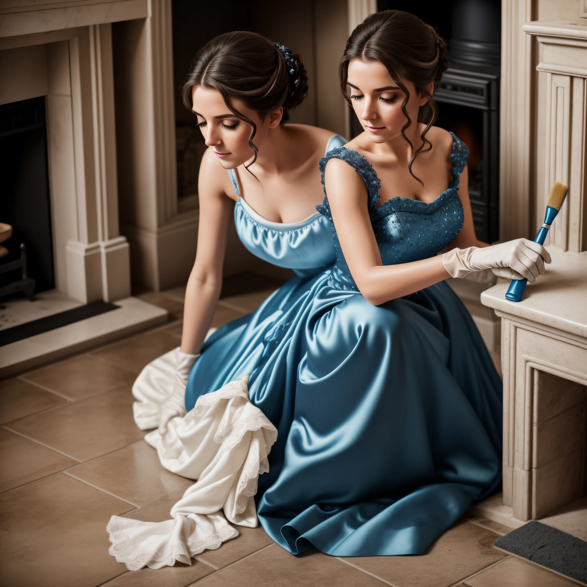 Cinderella, dressed still in her sparkling blue satin ballgown, kneels on the stone floor by the fireplace, scrubbing the caked-on dirt and grime with a brush. Her once-gleaming glass slippers are now scuffed and dirt-stained, but she hasn't bothered to take them off, her focus solely on the task at hand. Her hair, once styled in an elegant updo, has come undone, and strands of brown hair fall haphazardly around her flushed cheeks. She still wears her long, white satin gloves, now stained with soot and grime. Her face is smudged with soot and dirt, but her eyes still sparkle with the memory of the magical evening. Her movements are slow and deliberate, as if she is lost in thought, her mind still reeling from the events of the night. She continues to scrub the floor, a small smile playing at the corners of her lips. (housework) (messy) (((disheveled)))