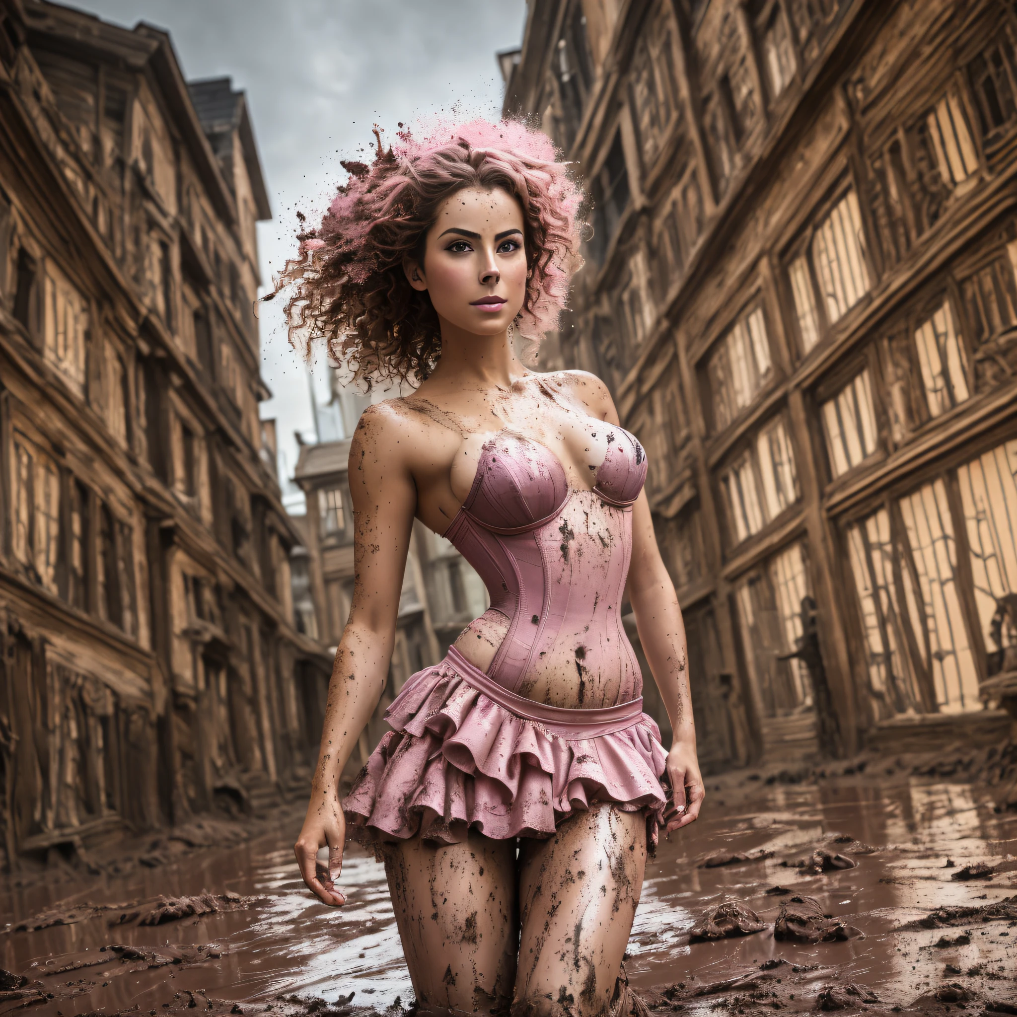 Hyperrealistic photography of two kissing, 30-year-old women smeared with mud, Lena Meyer Landrut, dance pose, pink underbust corset, ruffles, pink tulle skirt smeared with mud, pink high heels sandals smeared with mud, pink tights, the entire body, red curly hair and clothes are smeared with mud, high quality, realistic lighting, image center, hourglass proportions, 8k, HDR,  BDSM, medium chest size, long legs, toned, professional photography of a woman, natural skin texture smeared with a lot of mud, 4K textures, Adobe Lightroom, Photolab, HDR, intricate, elegant, very detailed, sharp focus, insane details, intricate details, hyper-detailed, bright cinema light, outdoor atmosphere, chin pulled up, (exposed belly: 1.8 ), (long-distance), dominant facial expression