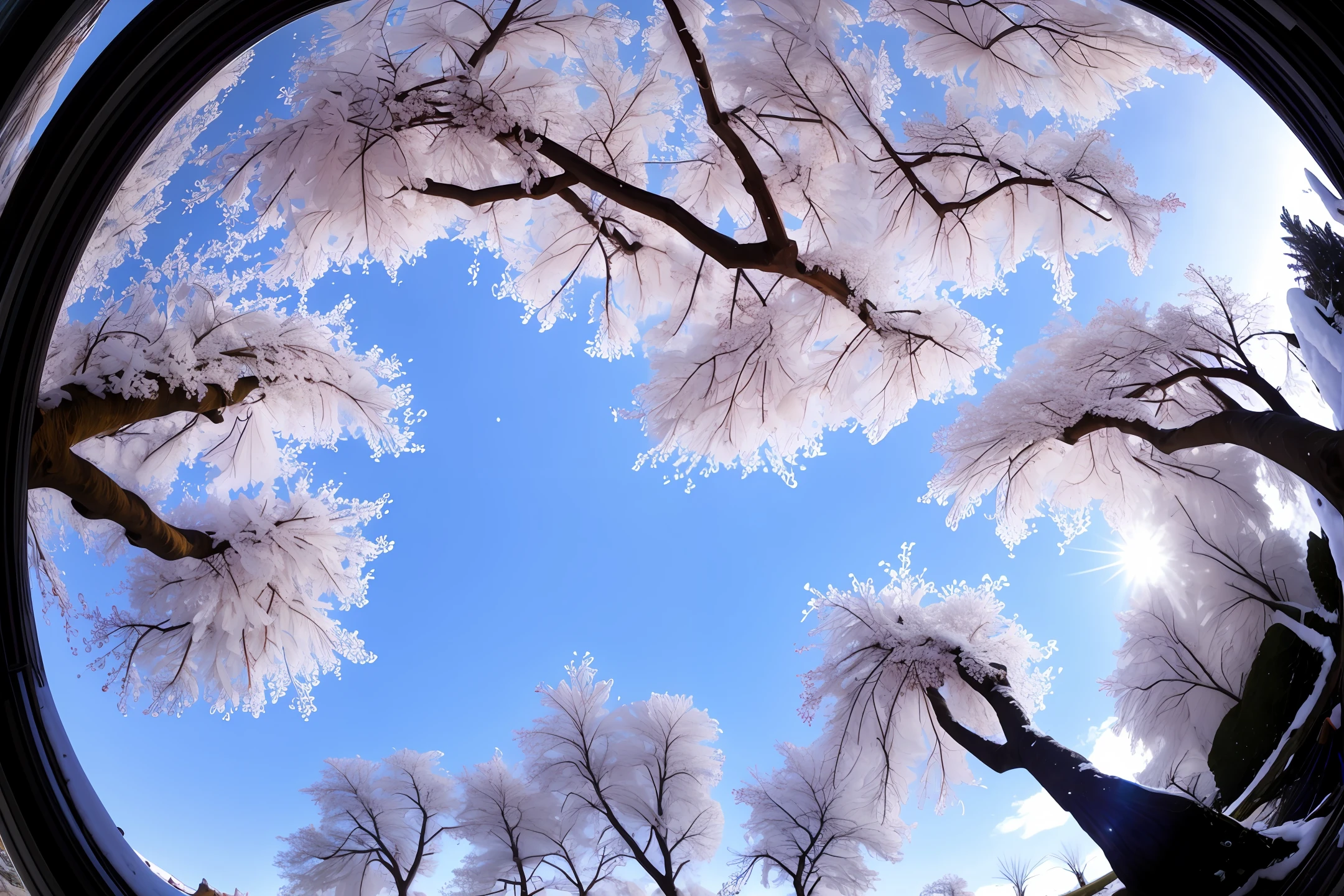 Plum trees, falling snow, gorgeous garden, fisheye camera, bottom-up view, 8K