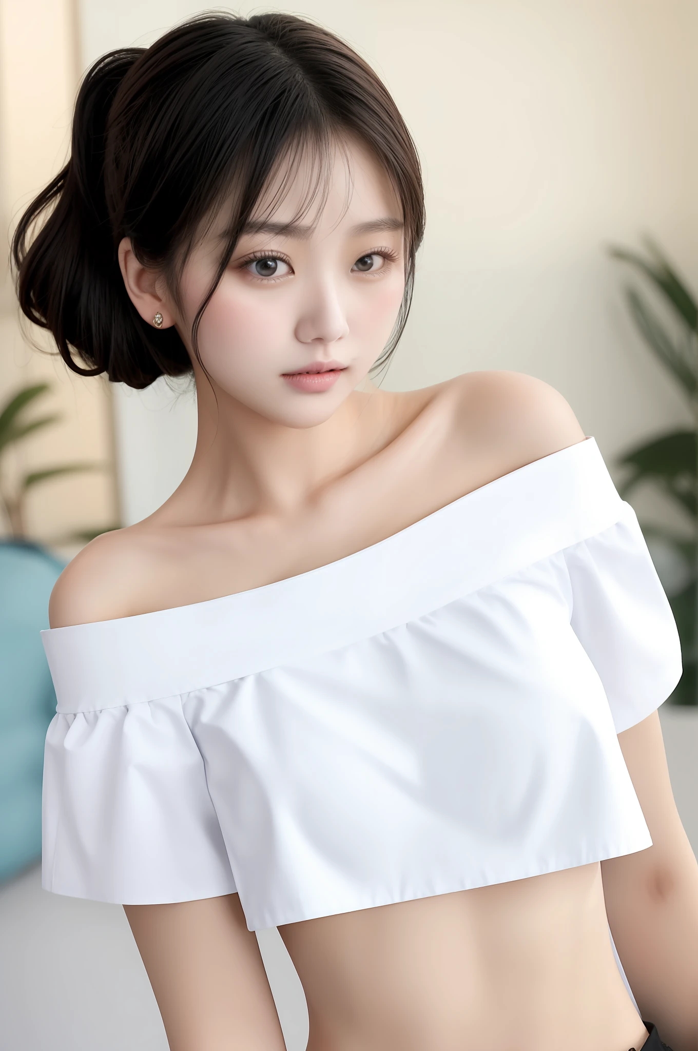 Fashion trendy beautiful and charming woman, gentle and charming Chinese beautiful woman, Korean(kpop-idol), delicate and sexy collarbone, charming oval face, double eyelids, smart [peach]blossom eyes, pink lips, small nose, bare shoulders, focus on the face, close-up of the face, Ultra-high-definition, super-detailed, the ((loose)), white off-the-shoulder shirt perfectly echoes the light blue high slit miniskirt, (chest cutout). ((black)lace panties), fresh and impressive, Natural(medium breasts:1.25), (nsfw:1.2)