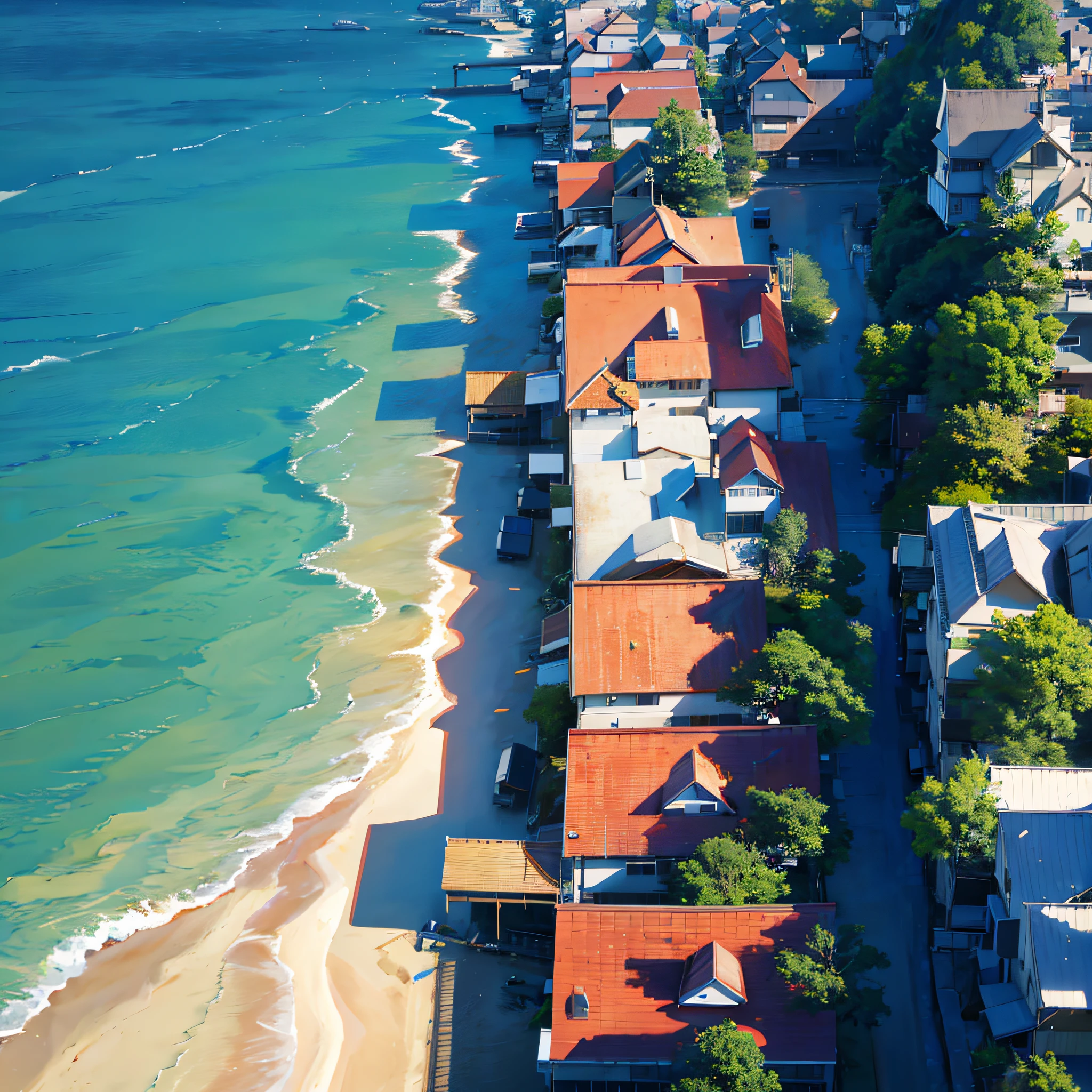 no humans, scenery, vanishing point, from ABOVE, WOODEN HOUSES,masterpiece, best quality, 16k, absurdres, water surface, summer, noon, sunlight, blue sky, perspective, depth of field, highres, finely detail, ultra-detailed, sharp focus